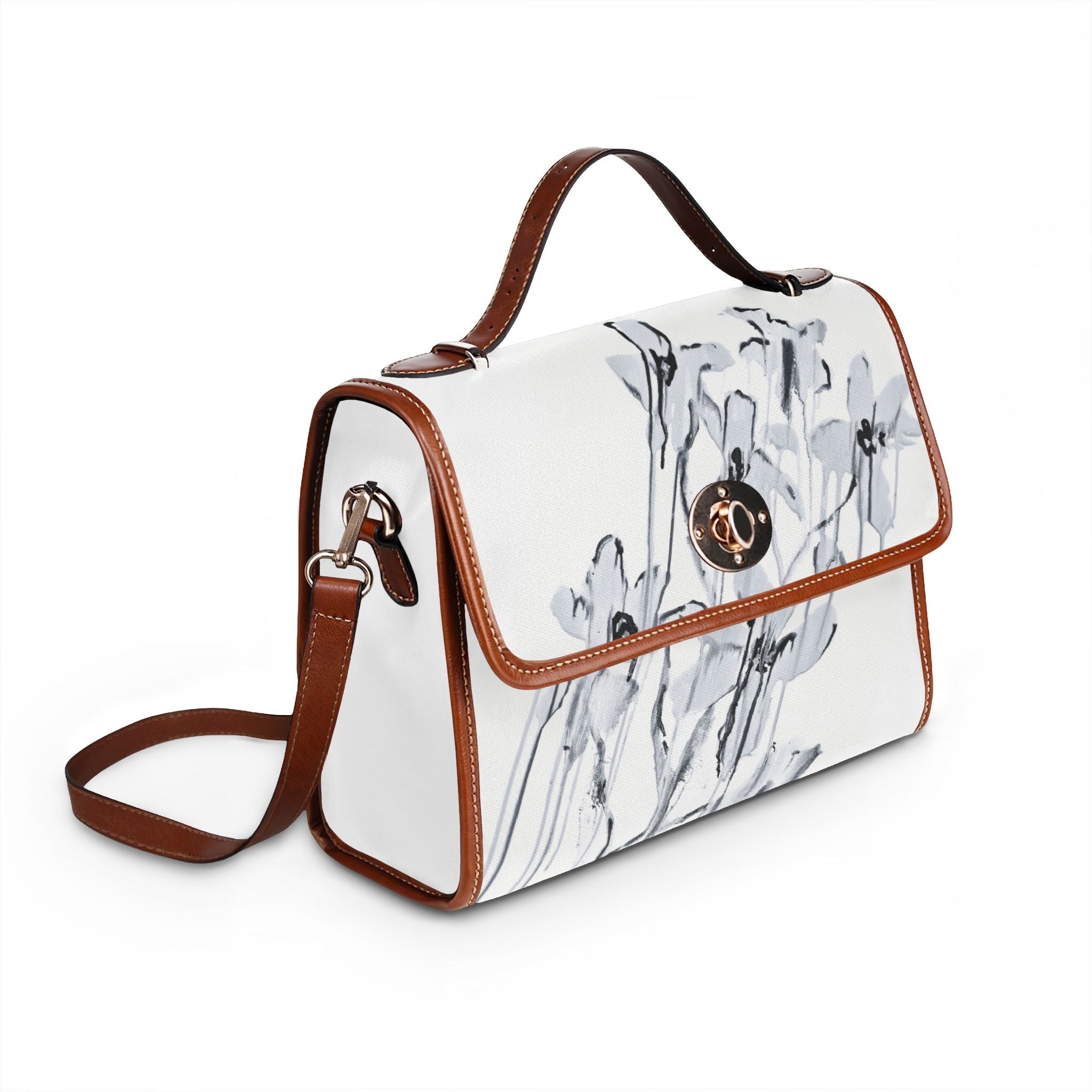 Canvas Satchel — Minimalist Black Ink Floral Waterproof Bag