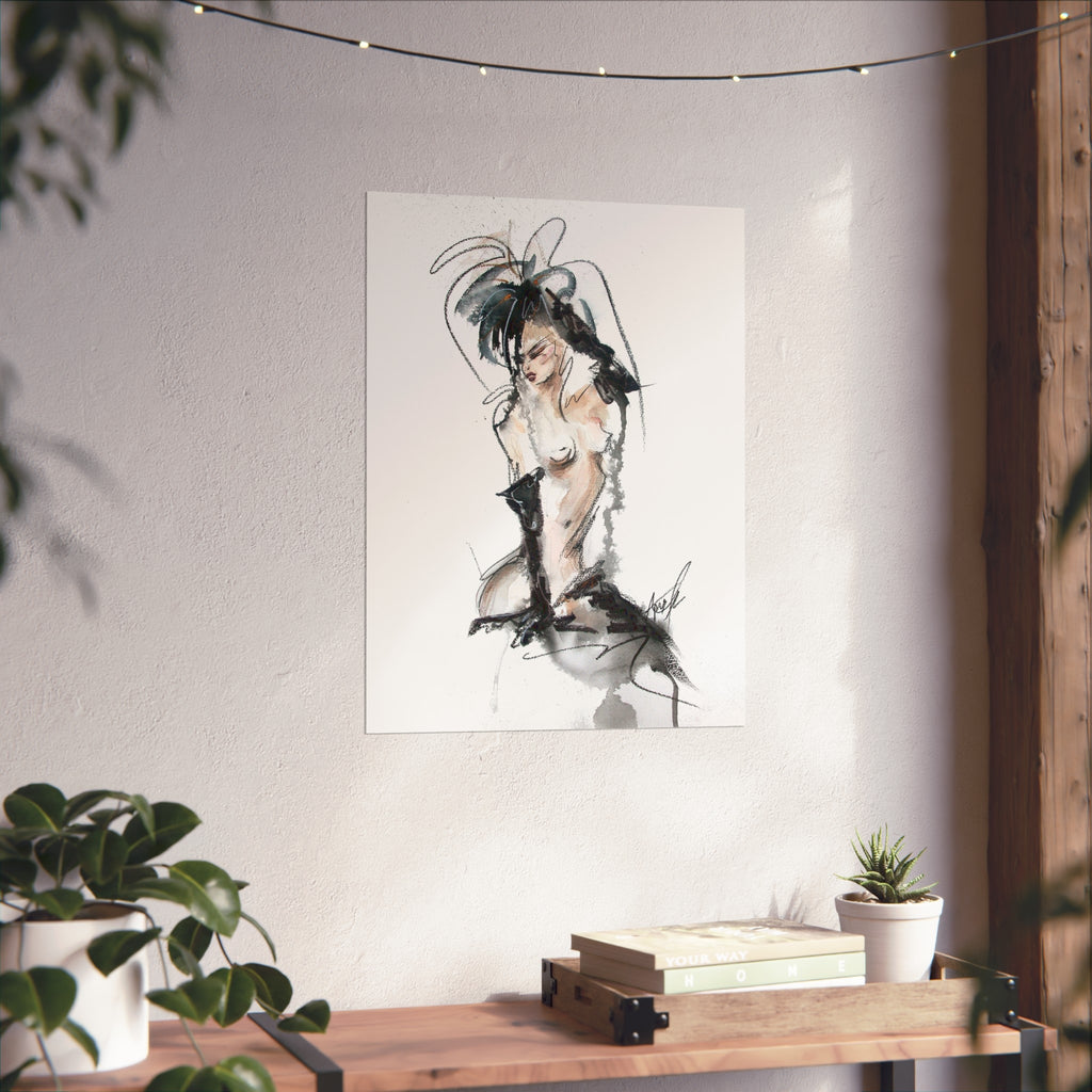 Figurative Fine Art Poster |  Watercolor Nude Fashion Sketch | Woman In Black Gloves