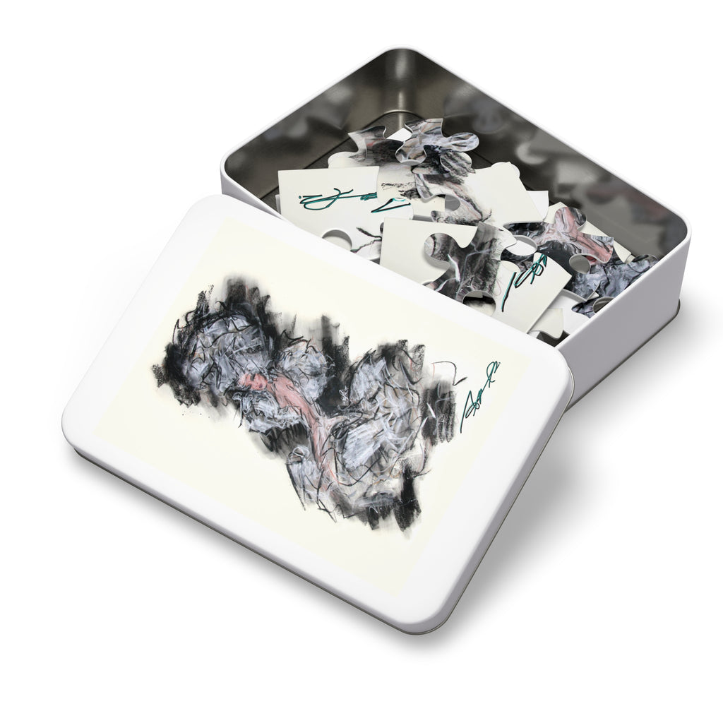 Abstract Charcoal Art Jigsaw Puzzle with Tin – Modern Black & Pink Sketch