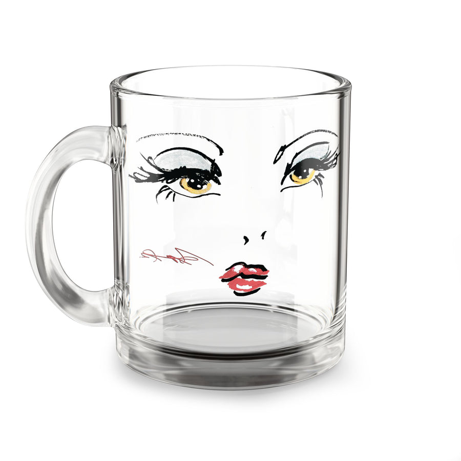 Stylized Makeup Face Glass Mug | 10oz Clear Coffee Cup