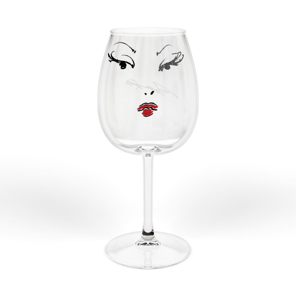12oz Wine Glass with Elegant Painted Face Design — Red Lip & Eyelash Stemware