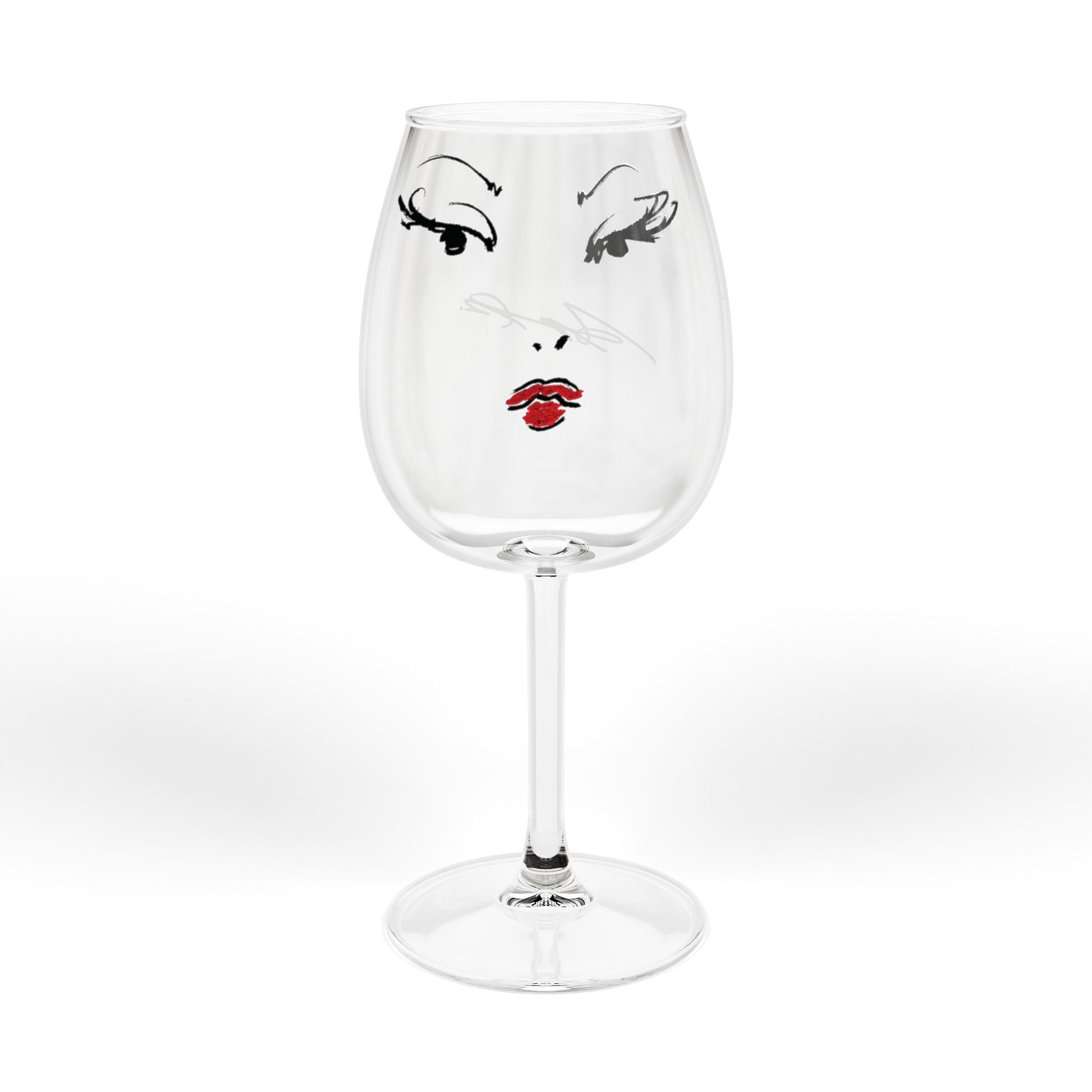 12oz Wine Glass with Elegant Painted Face Design — Red Lip & Eyelash Stemware