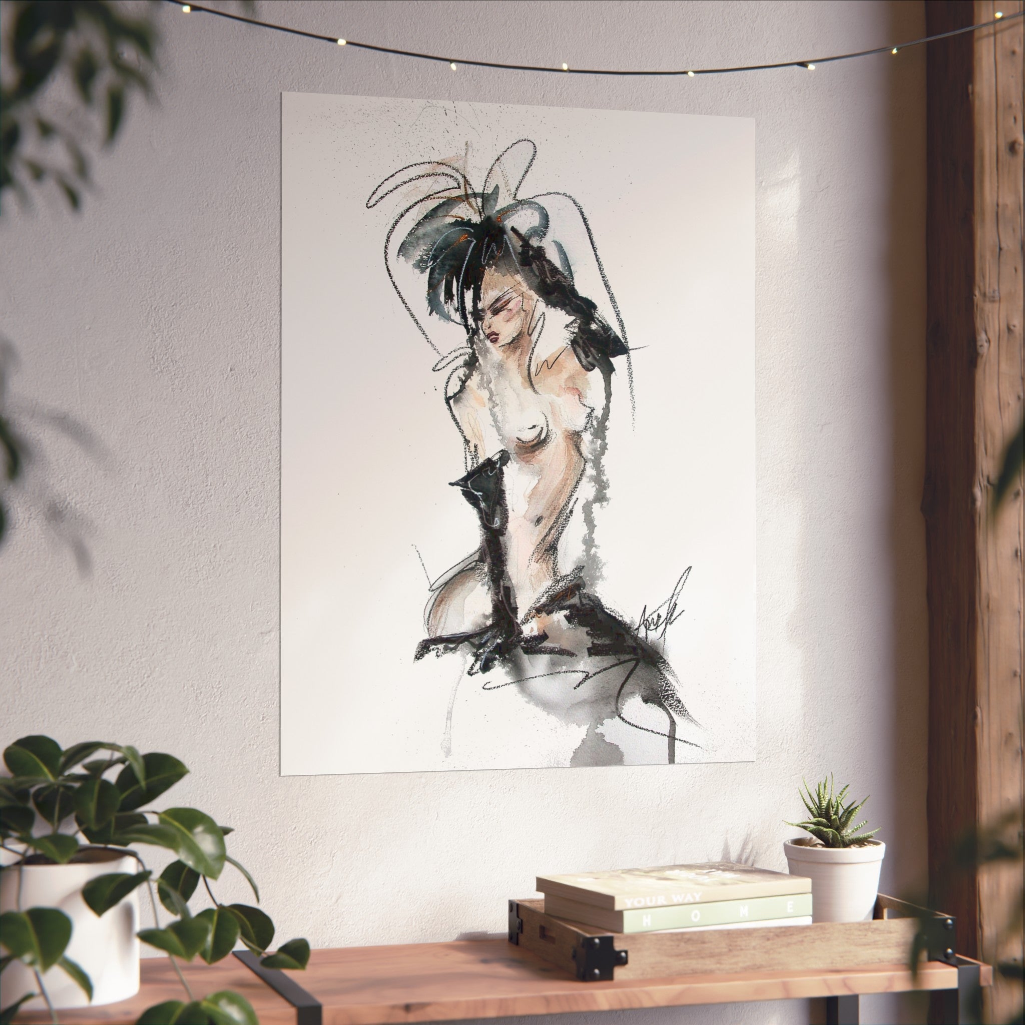 Figurative Fine Art Poster |  Watercolor Nude Fashion Sketch | Woman In Black Gloves