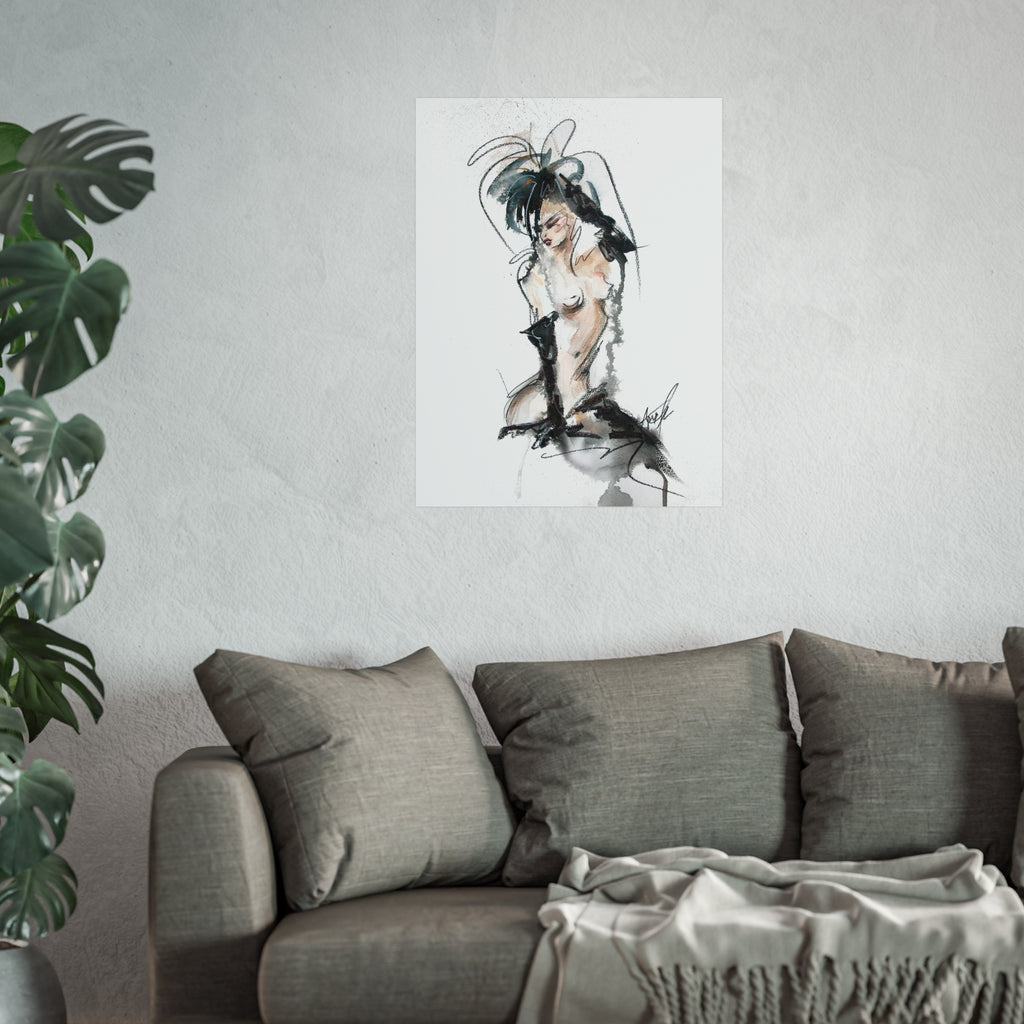 Figurative Fine Art Poster |  Watercolor Nude Fashion Sketch | Woman In Black Gloves
