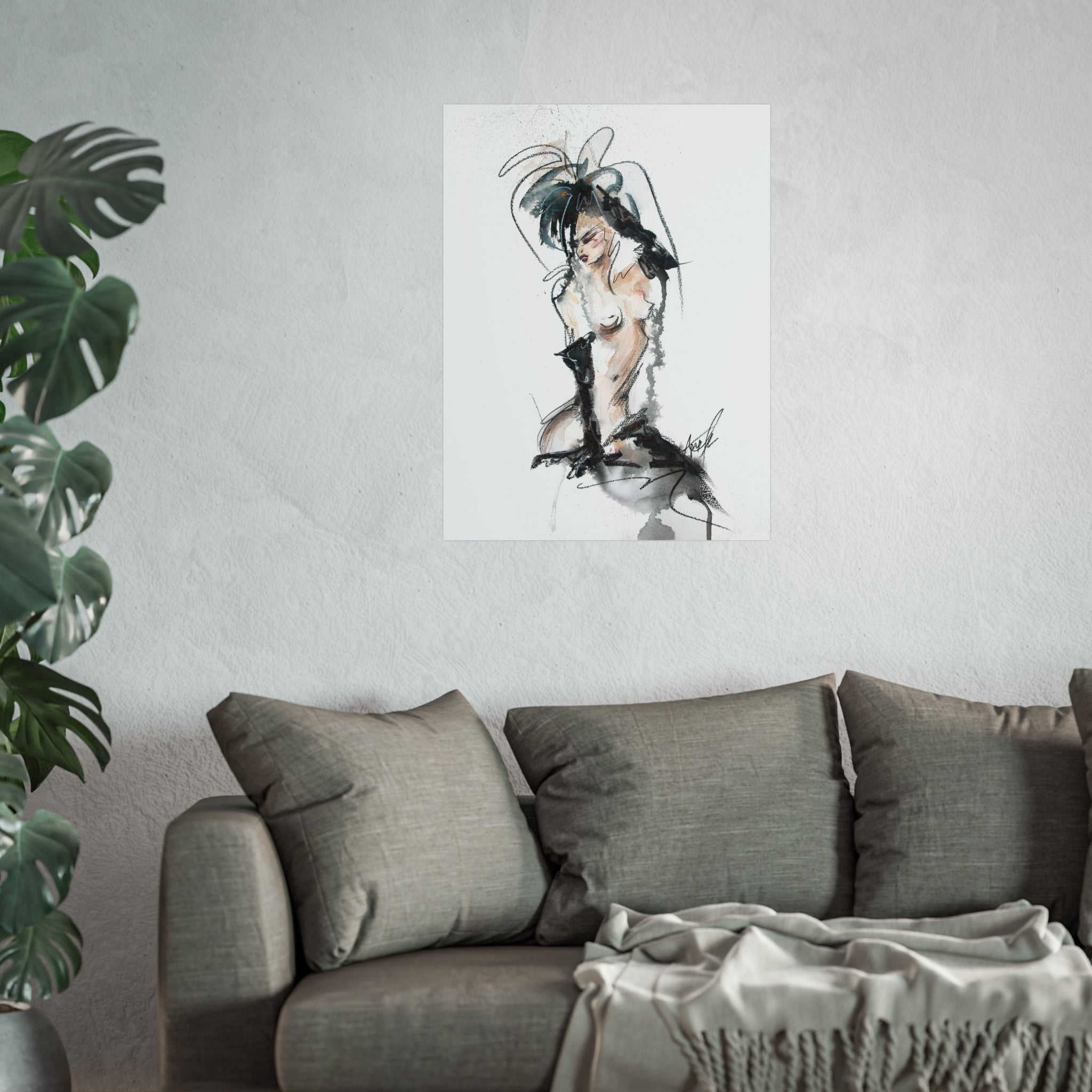 Figurative Fine Art Poster |  Watercolor Nude Fashion Sketch | Woman In Black Gloves