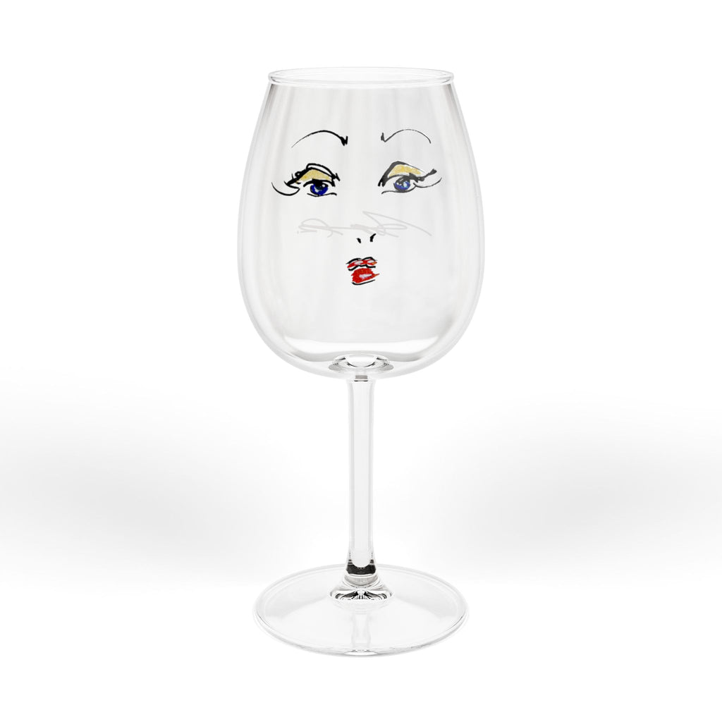 12oz Wine Glass — Playful Face Design (Lashes & Red Lips)