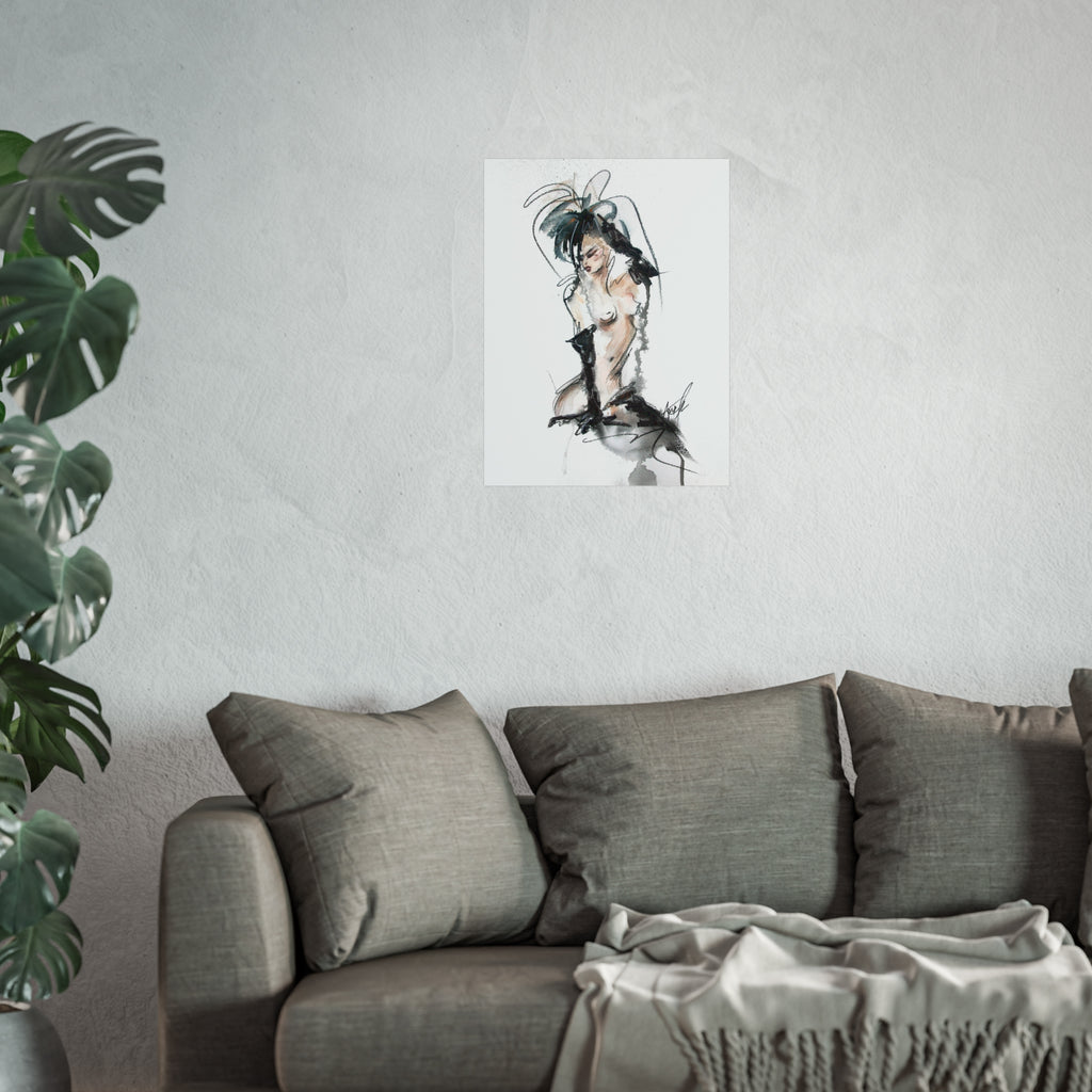 Figurative Fine Art Poster |  Watercolor Nude Fashion Sketch | Woman In Black Gloves
