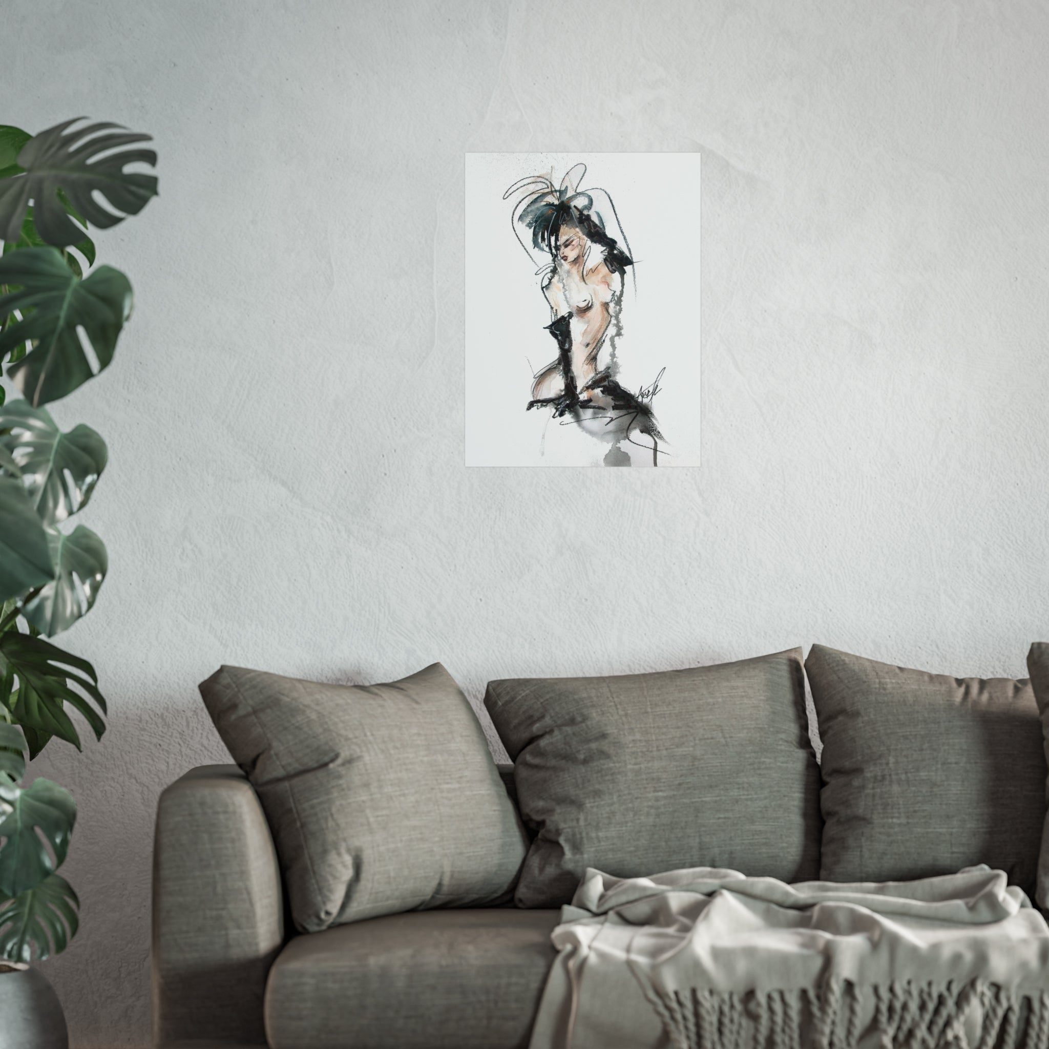 Figurative Fine Art Poster |  Watercolor Nude Fashion Sketch | Woman In Black Gloves