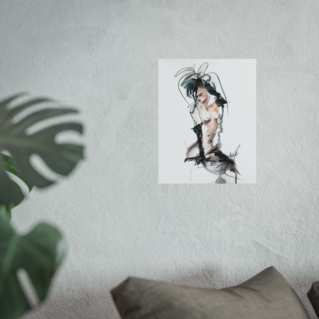Figurative Fine Art Poster |  Watercolor Nude Fashion Sketch | Woman In Black Gloves
