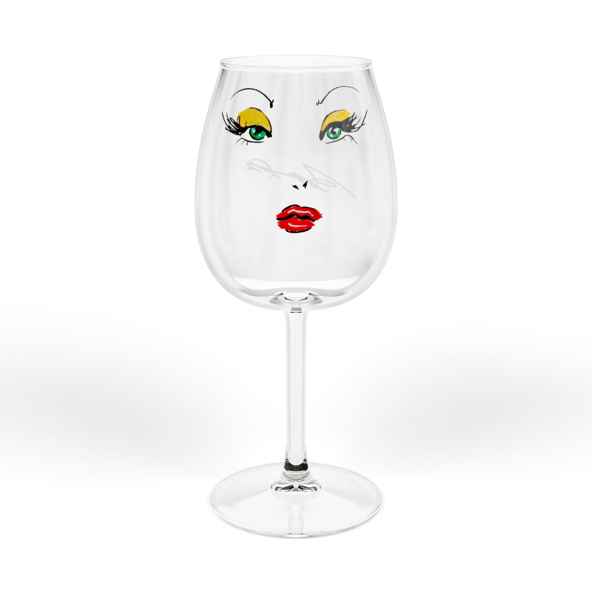 Wine Glass — Glam Face 12oz Stemmed Wine Glass (Red Lip & Green Eye Makeup Design)