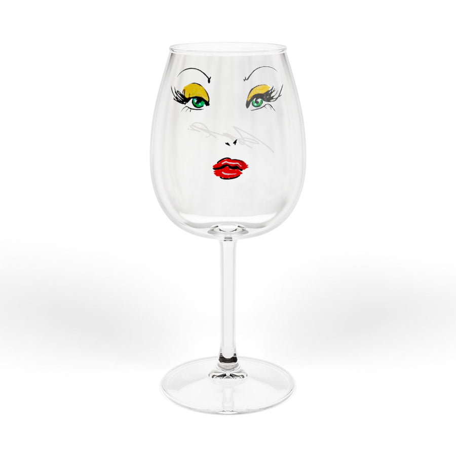 Wine Glass — Glam Face 12oz Stemmed Wine Glass (Red Lip & Green Eye Makeup Design)