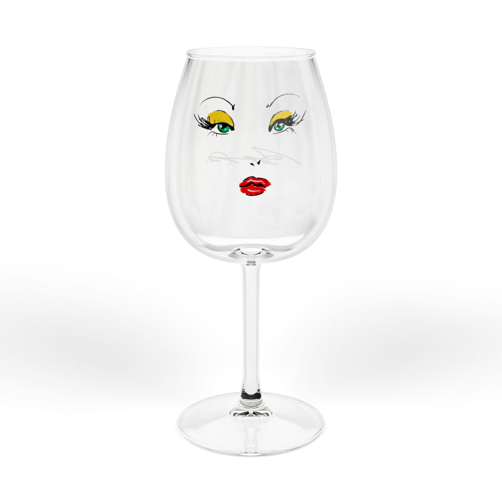 Wine Glass — Glam Face 12oz Stemmed Wine Glass (Red Lip & Green Eye Makeup Design)