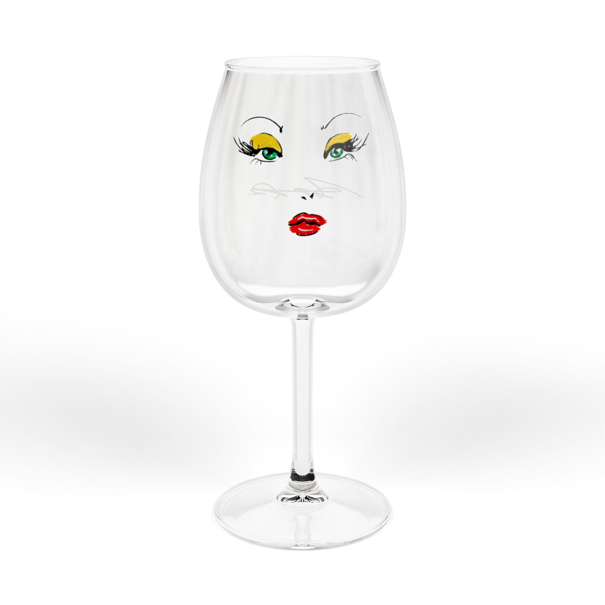 Wine Glass — Glam Face 12oz Stemmed Wine Glass (Red Lip & Green Eye Makeup Design)