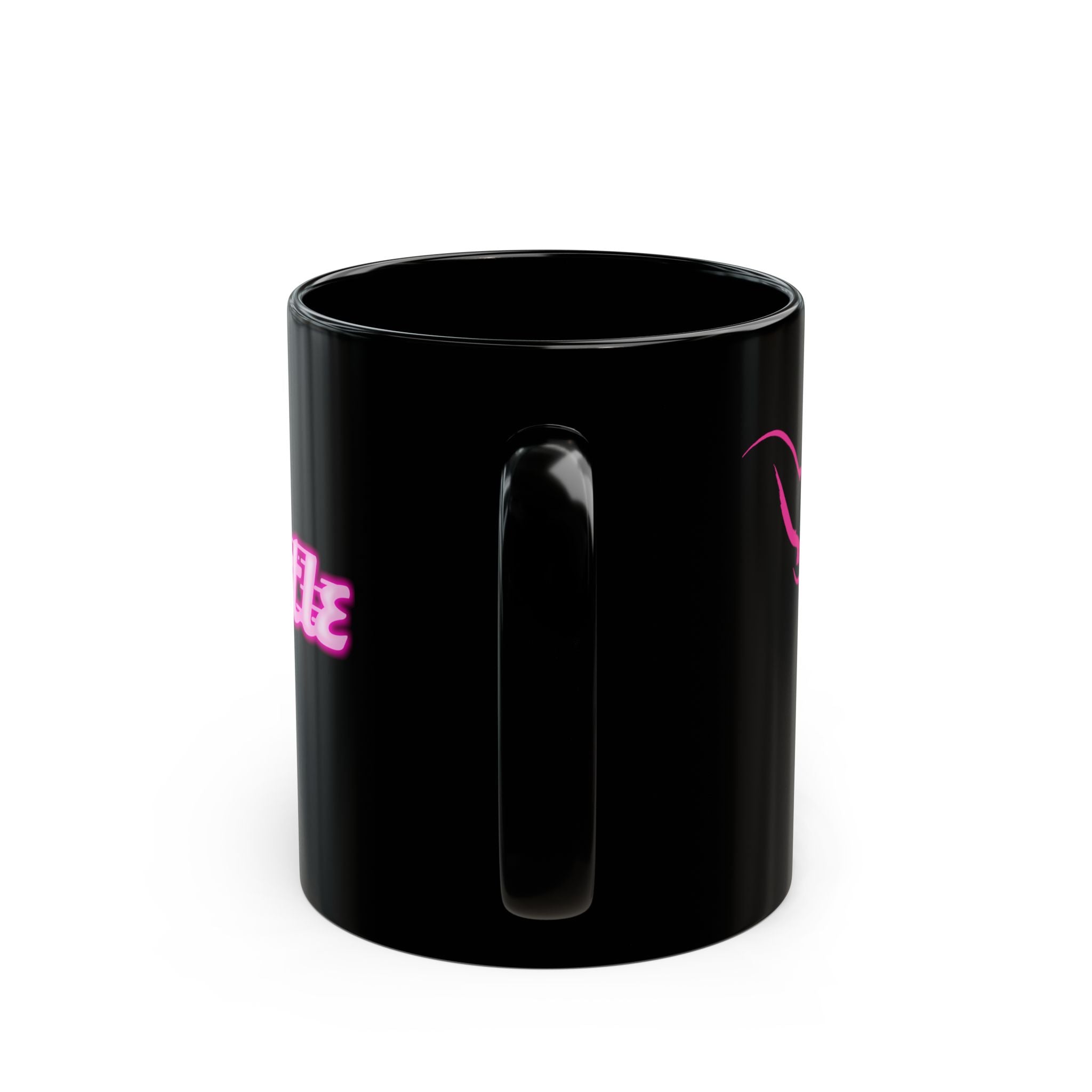 Black Coffee Mug — Neon Pink Cat Face Accent, Cute Minimalist Cat Lover Gift (11oz & 15oz)