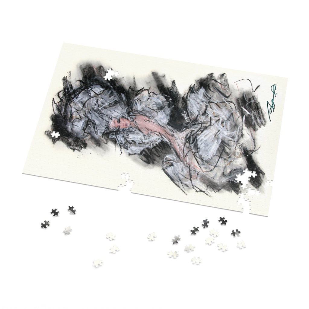 Abstract Charcoal Art Jigsaw Puzzle with Tin – Modern Black & Pink Sketch