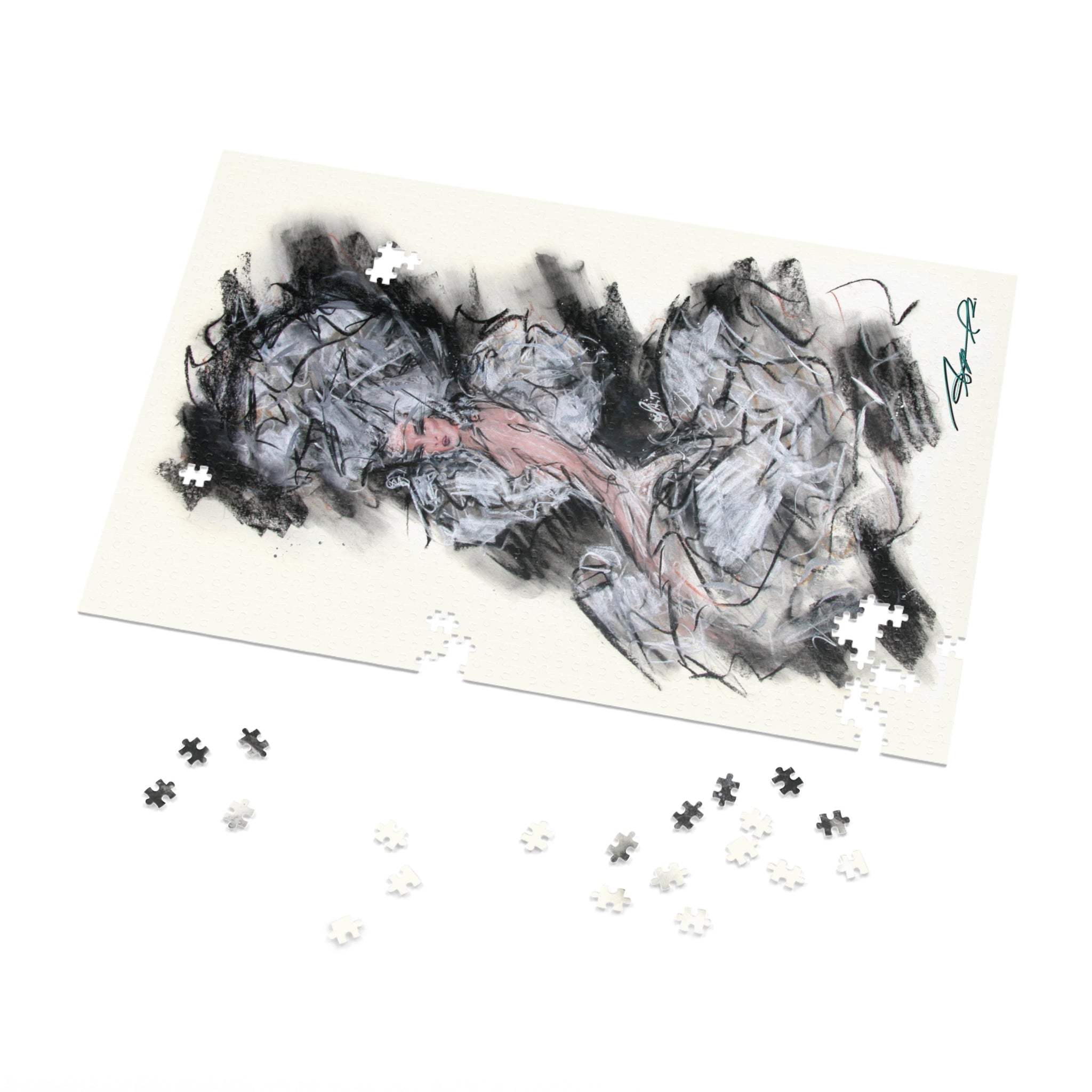 Abstract Charcoal Art Jigsaw Puzzle with Tin – Modern Black & Pink Sketch