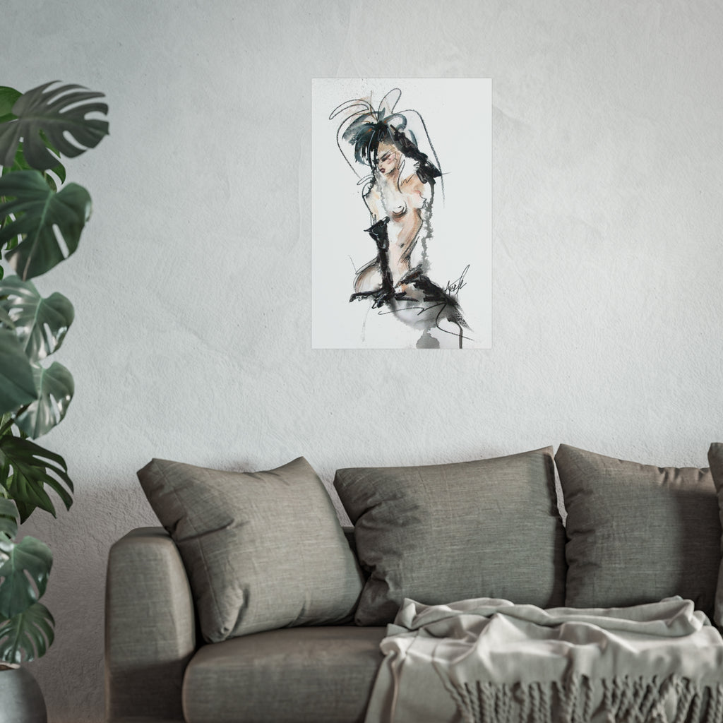 Figurative Fine Art Poster |  Watercolor Nude Fashion Sketch | Woman In Black Gloves