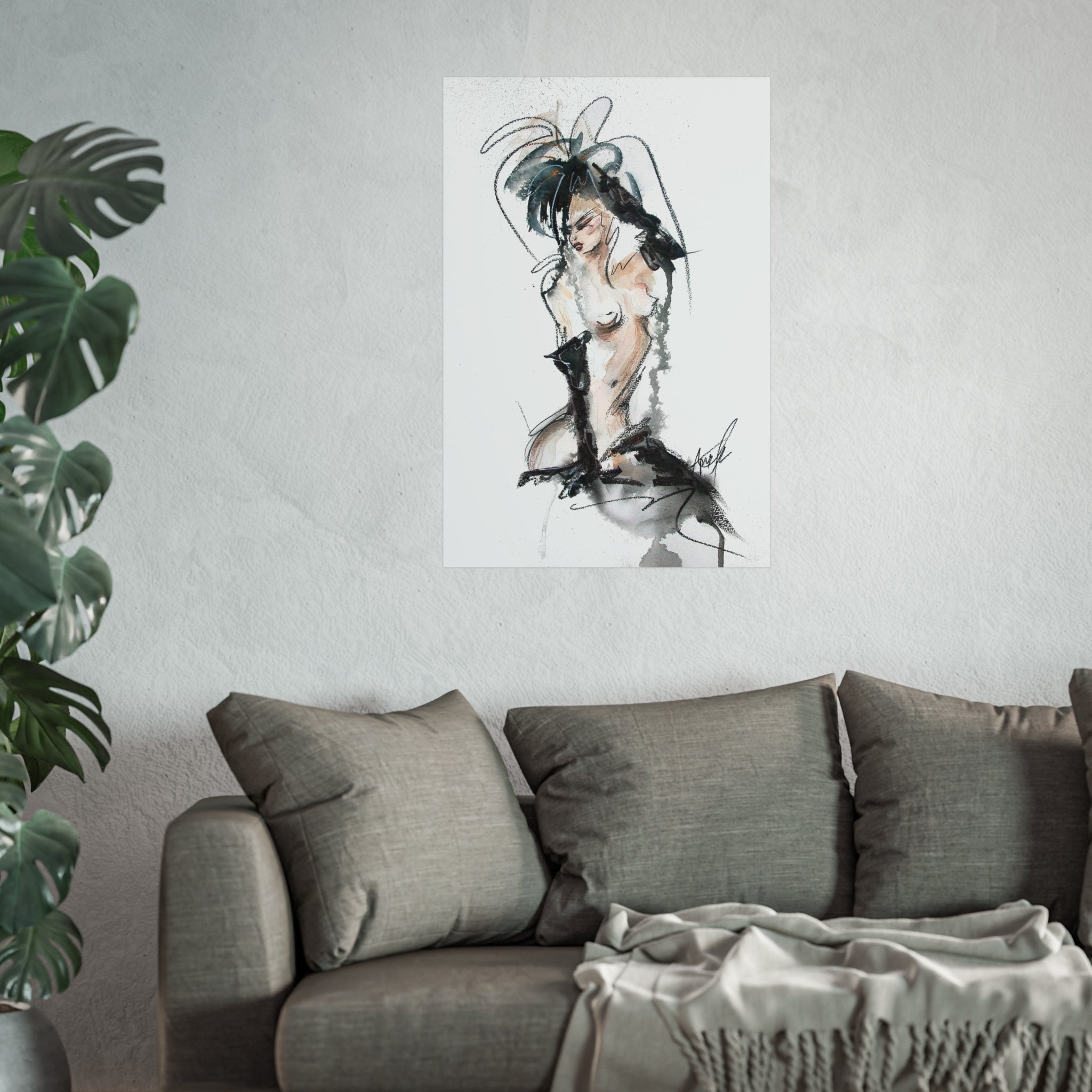 Figurative Fine Art Poster |  Watercolor Nude Fashion Sketch | Woman In Black Gloves