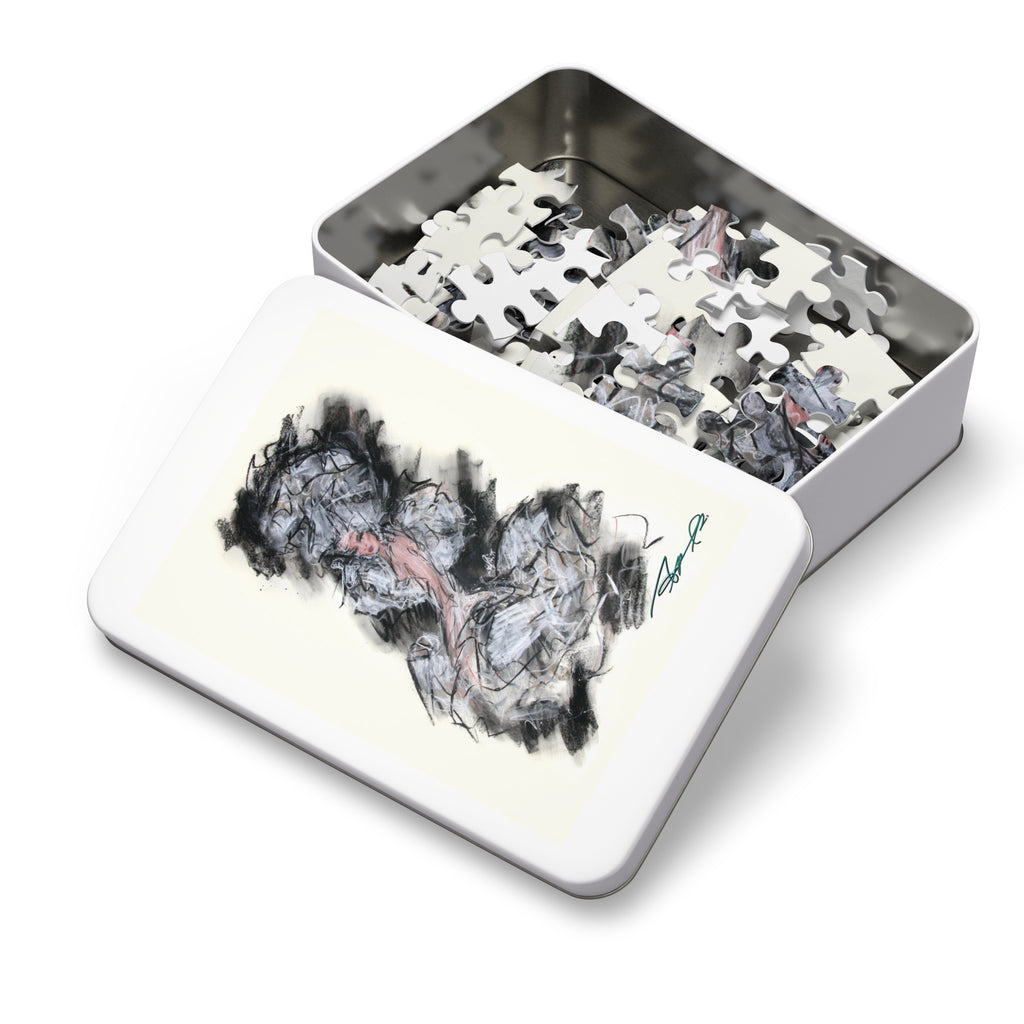 Abstract Charcoal Art Jigsaw Puzzle with Tin – Modern Black & Pink Sketch
