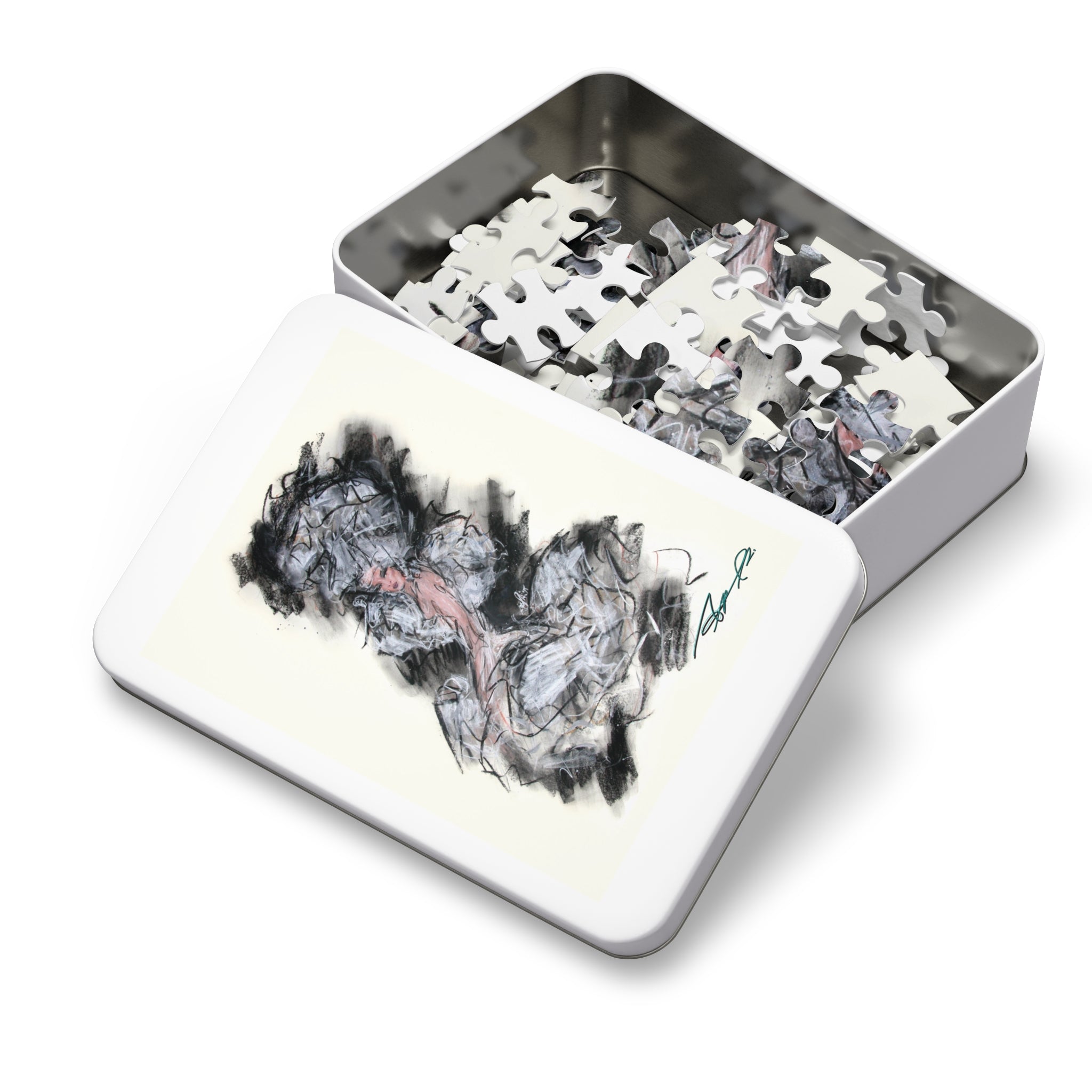 Abstract Charcoal Art Jigsaw Puzzle with Tin – Modern Black & Pink Sketch