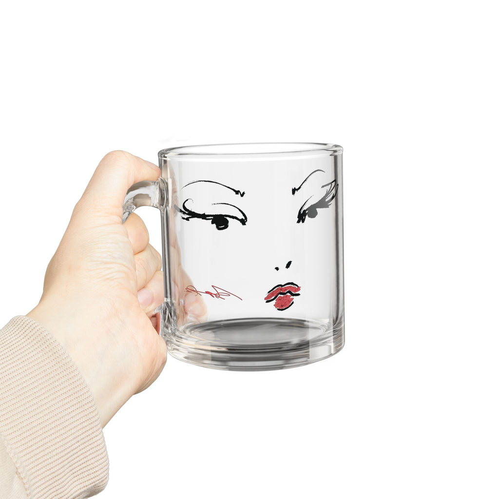 Glam Face Illustration Glass Mug, 10oz | Fashion Portrait, Red Lips