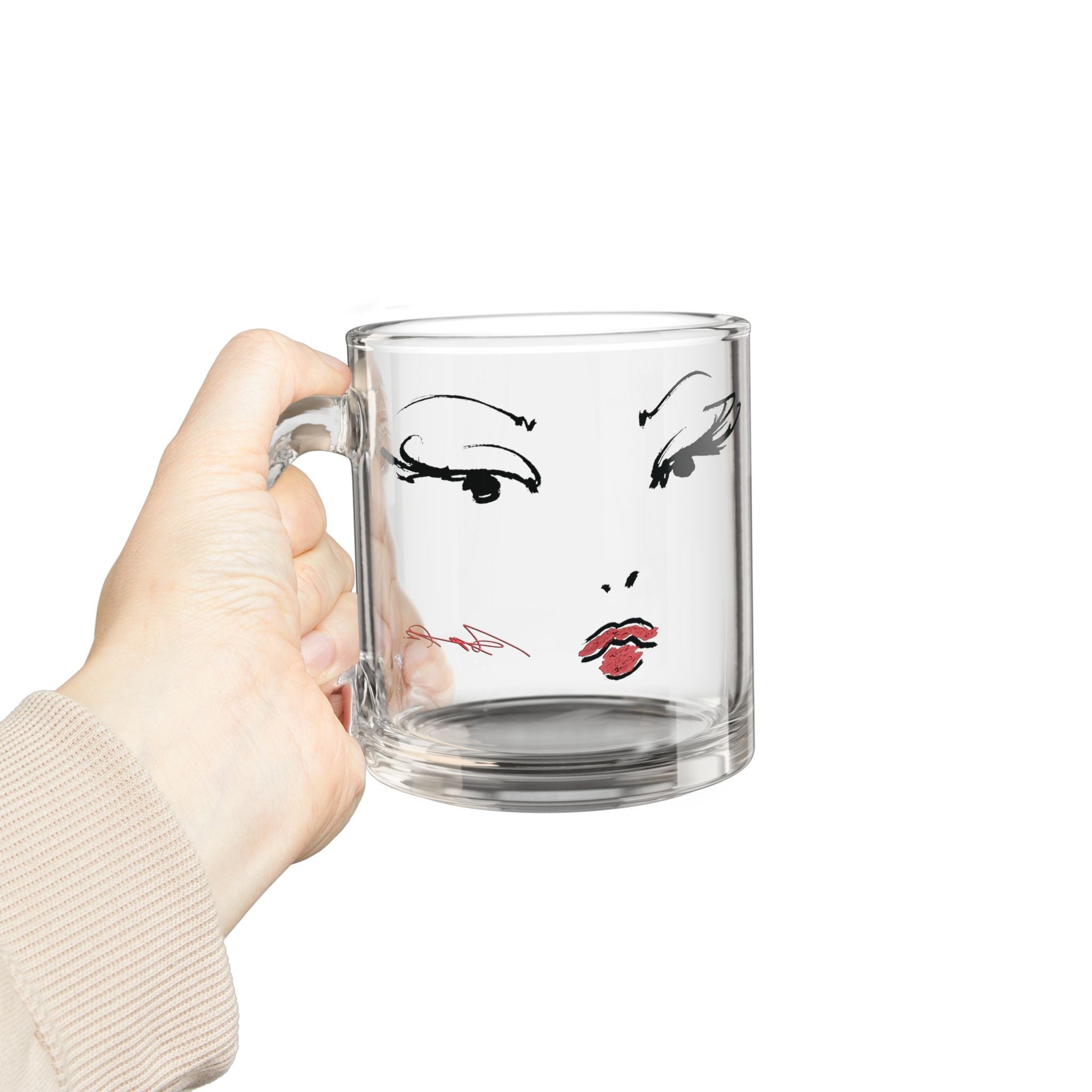 Glam Face Illustration Glass Mug, 10oz | Fashion Portrait, Red Lips