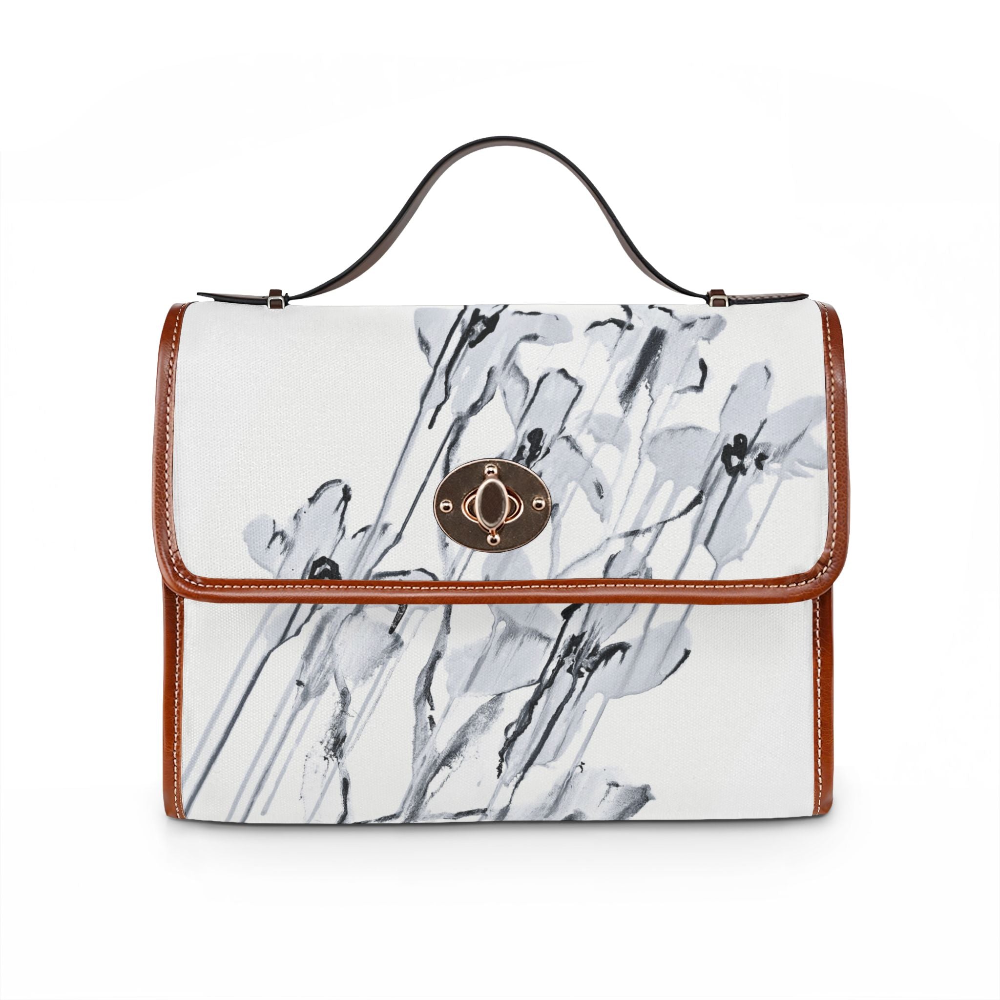 Canvas Satchel — Minimalist Black Ink Floral Waterproof Bag