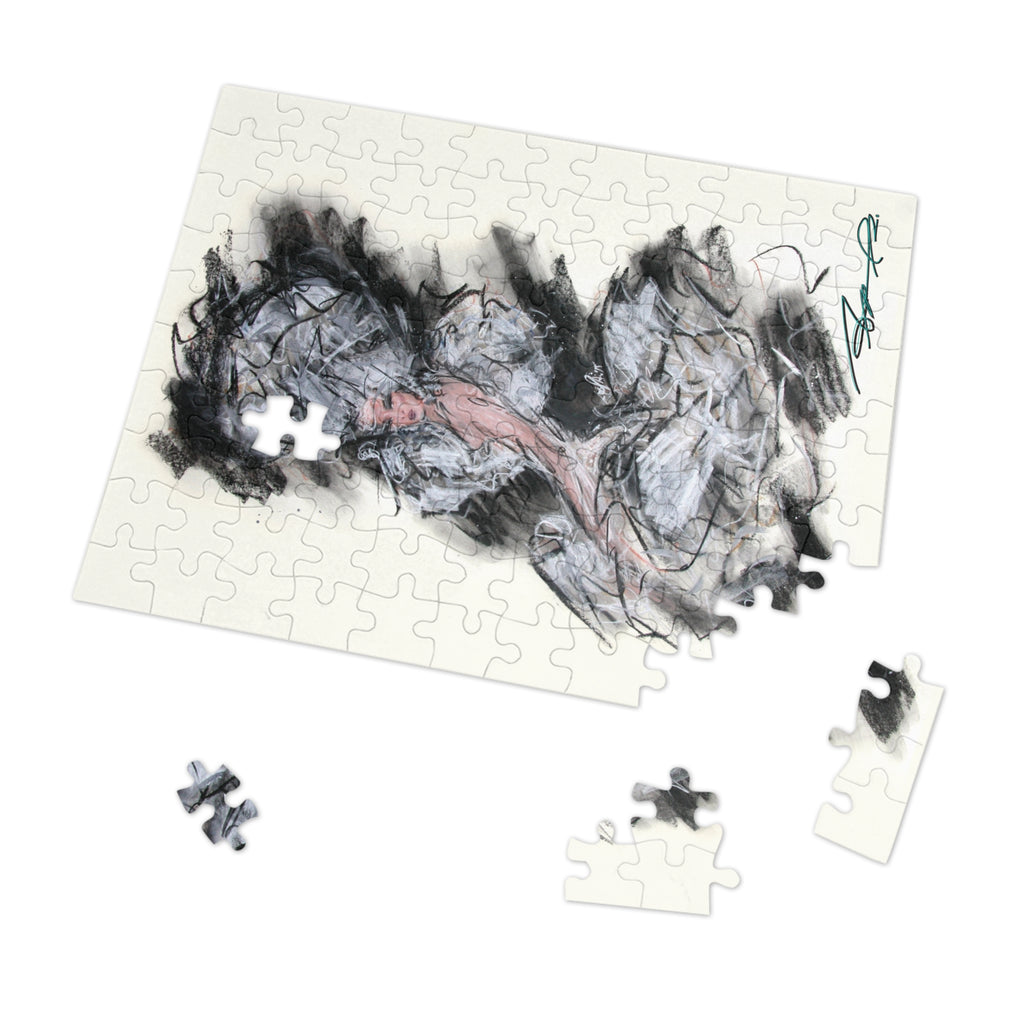 Abstract Charcoal Art Jigsaw Puzzle with Tin – Modern Black & Pink Sketch