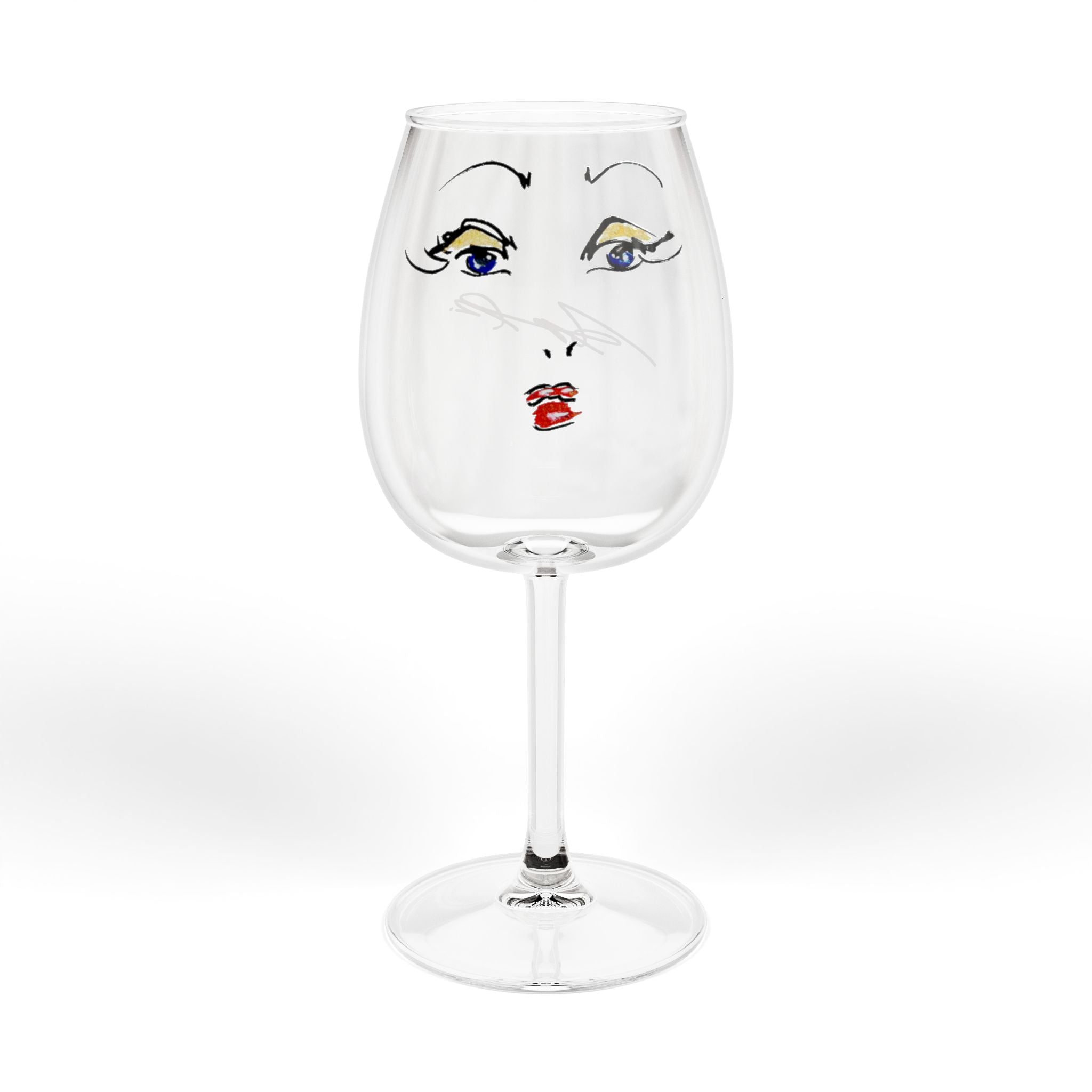 12oz Wine Glass — Playful Face Design (Lashes & Red Lips)