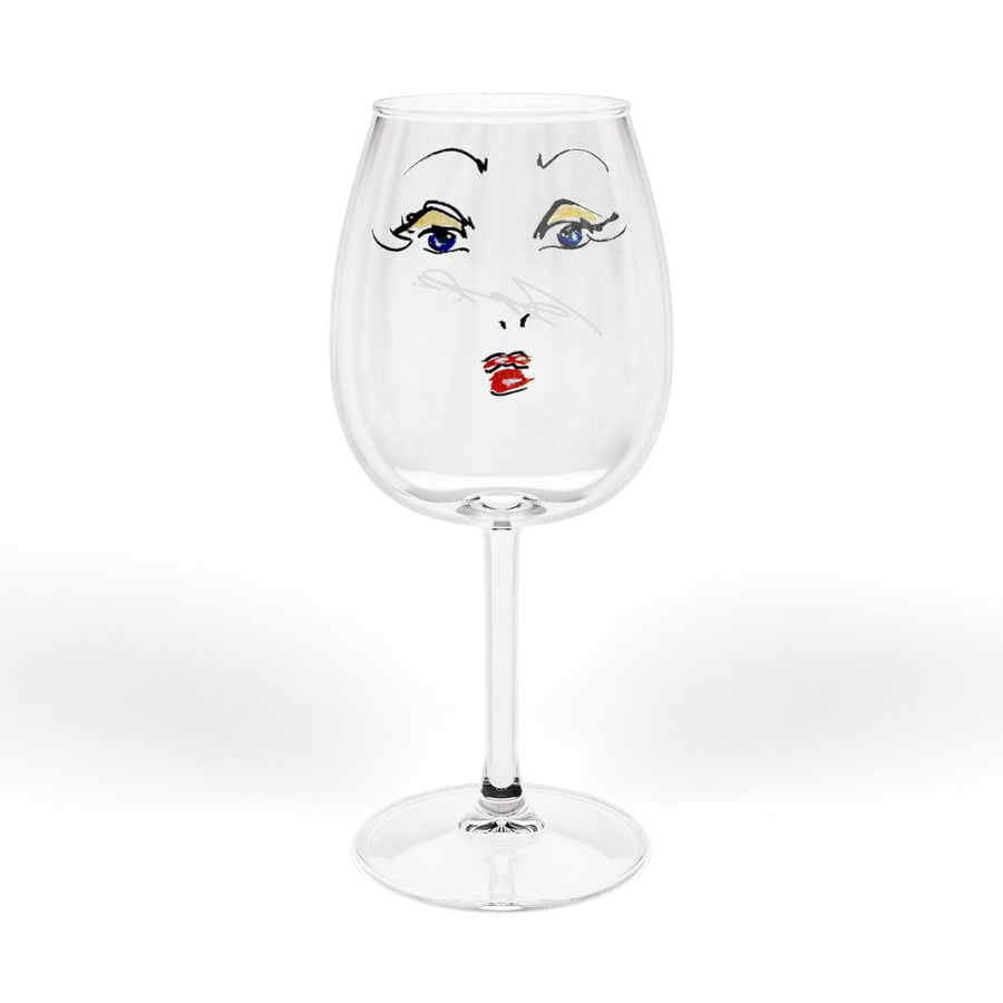 12oz Wine Glass — Playful Face Design (Lashes & Red Lips)