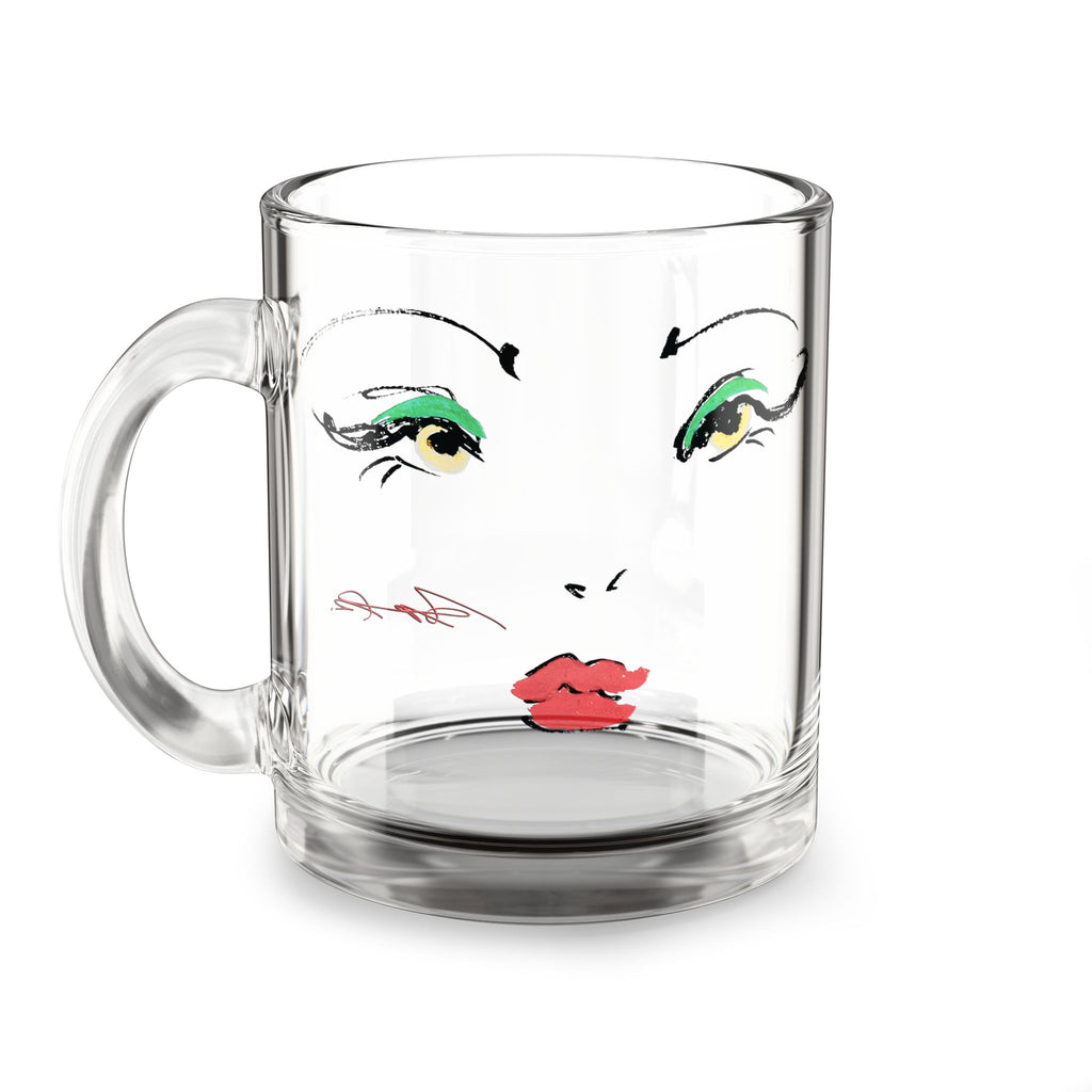 Stylized Fashion Face Glass Mug | Minimal Portrait, Red Lips, Green Eyeshadow