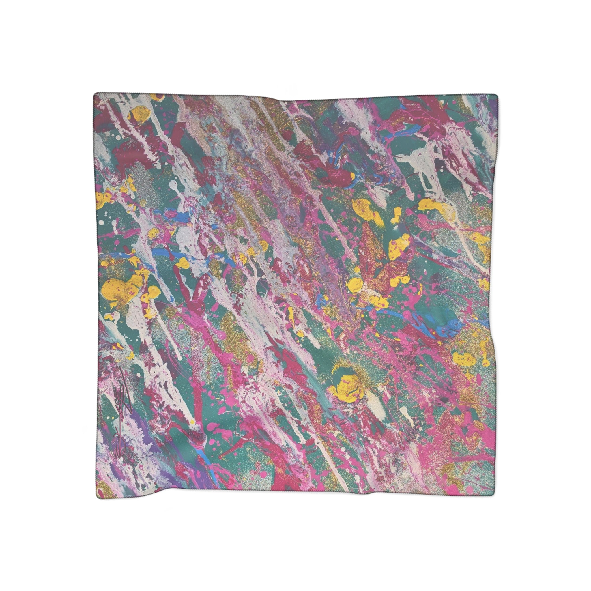 Abstract Watercolor Silk-Feel Scarf — Pink Teal Artistic Print