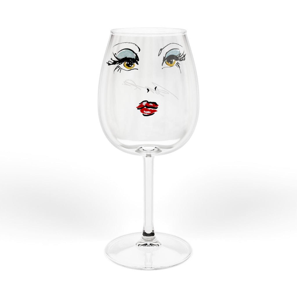 12oz Wine Glass with Glam Face Design — Chic Red Lip & Lashes Stemware