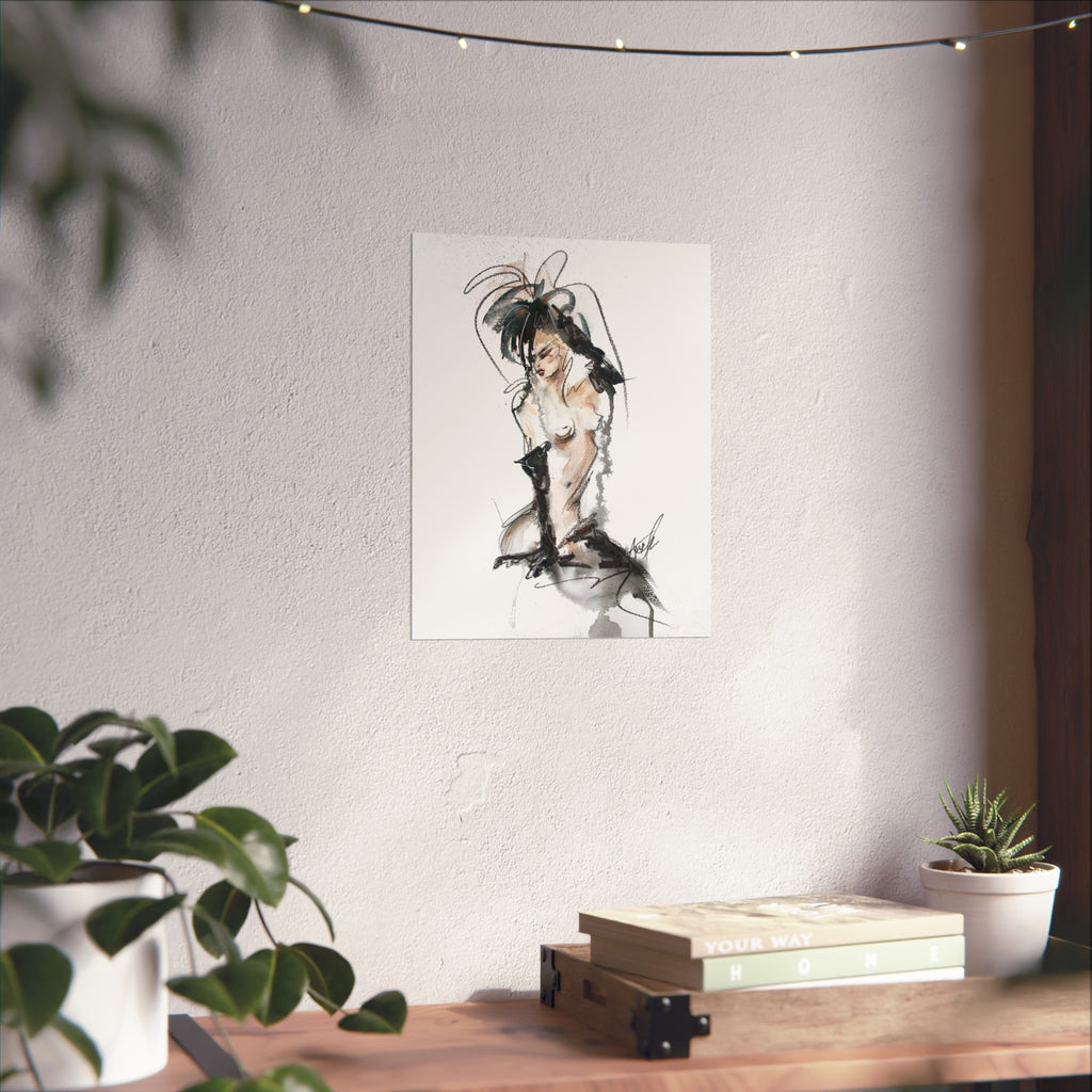 Figurative Fine Art Poster |  Watercolor Nude Fashion Sketch | Woman In Black Gloves