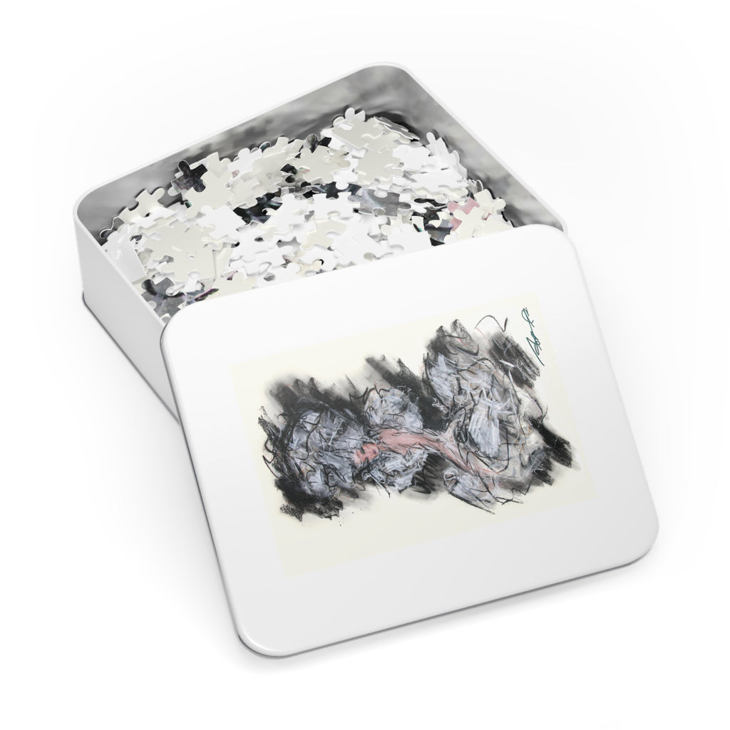 Abstract Charcoal Art Jigsaw Puzzle with Tin – Modern Black & Pink Sketch