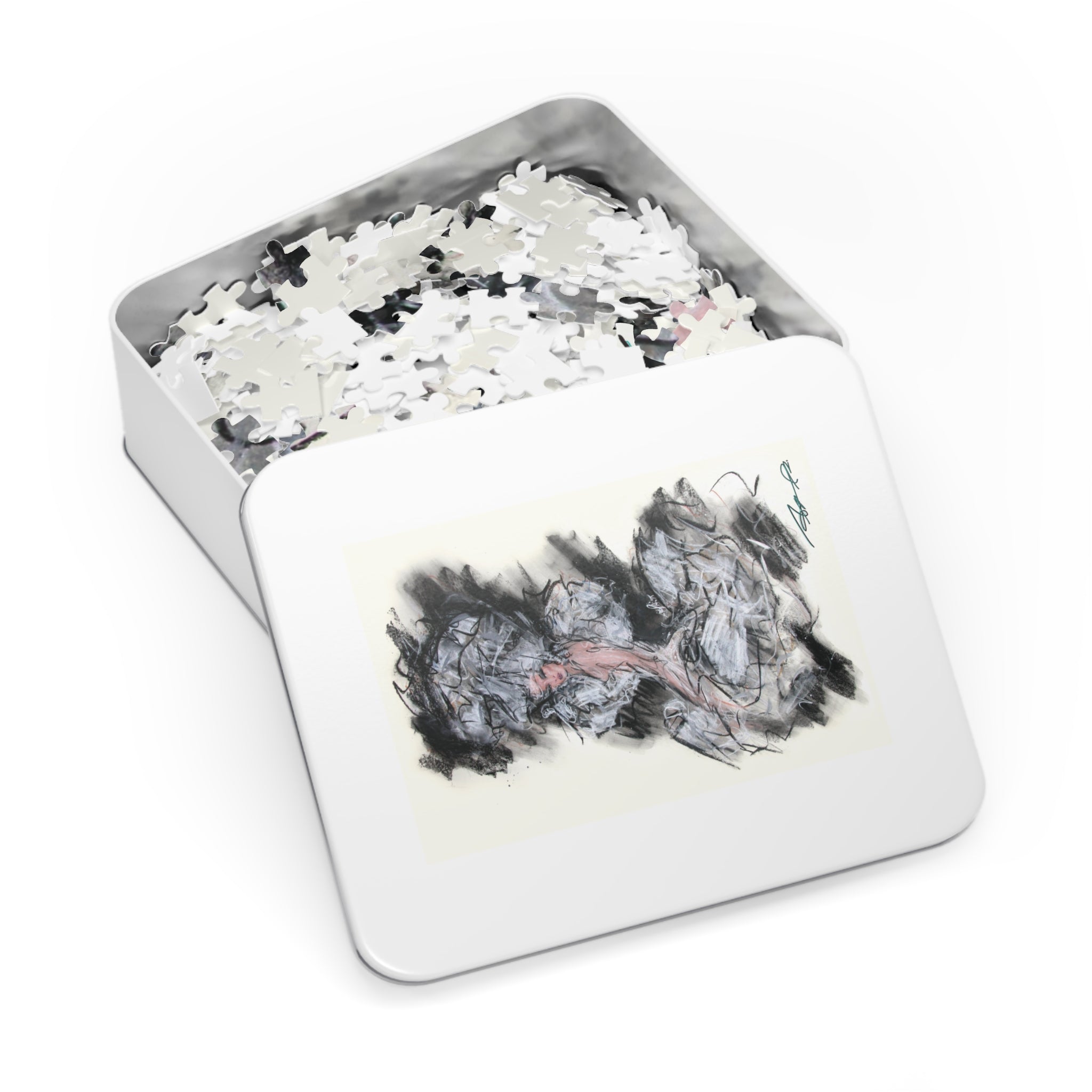 Abstract Charcoal Art Jigsaw Puzzle with Tin – Modern Black & Pink Sketch