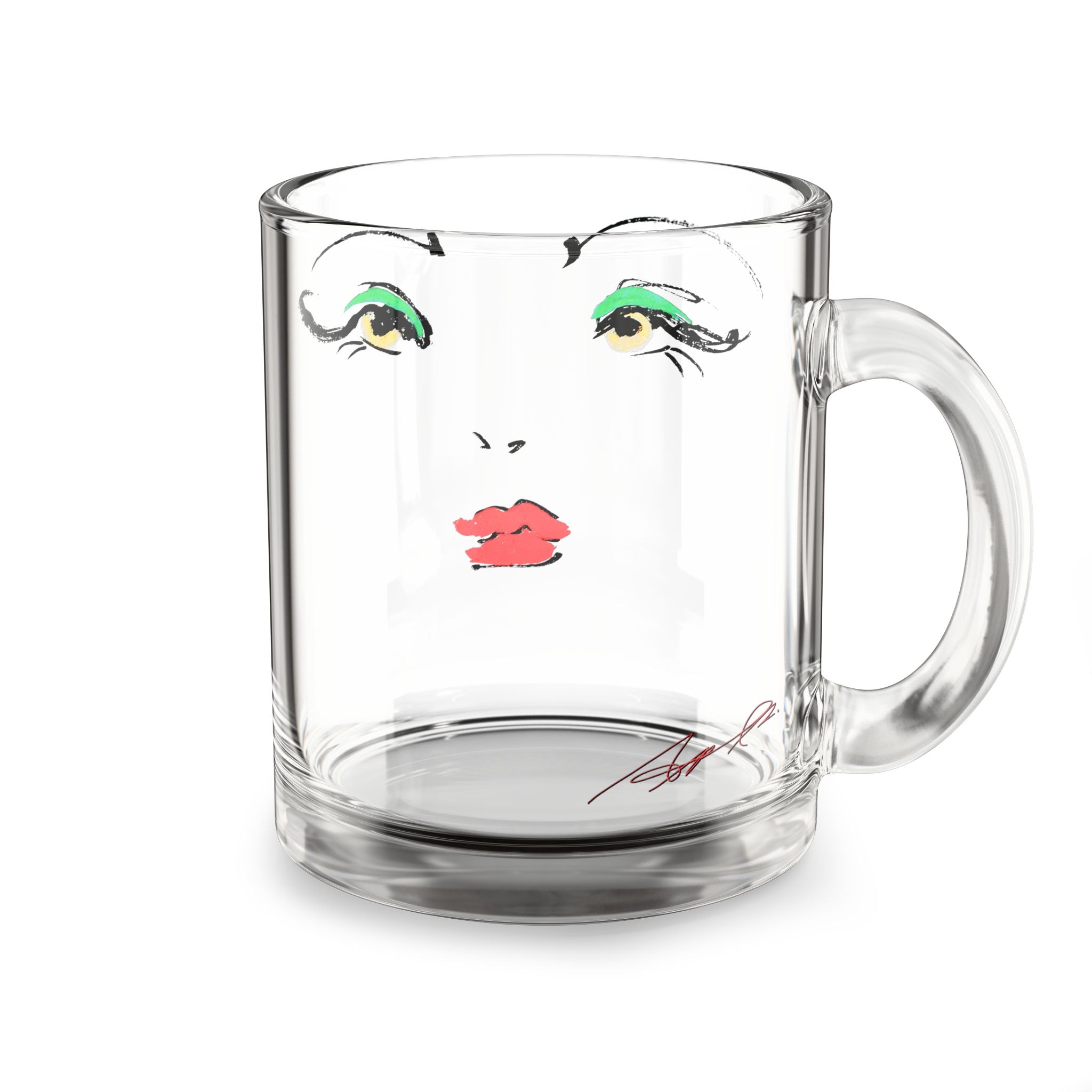 Stylized Fashion Face Glass Mug | Minimal Portrait, Red Lips, Green Eyeshadow