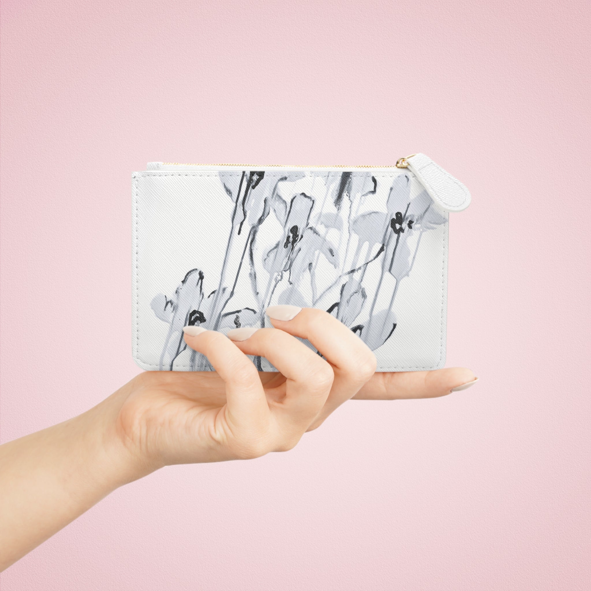 Mini Clutch Bag — Monochrome Watercolor Floral Zip Pouch