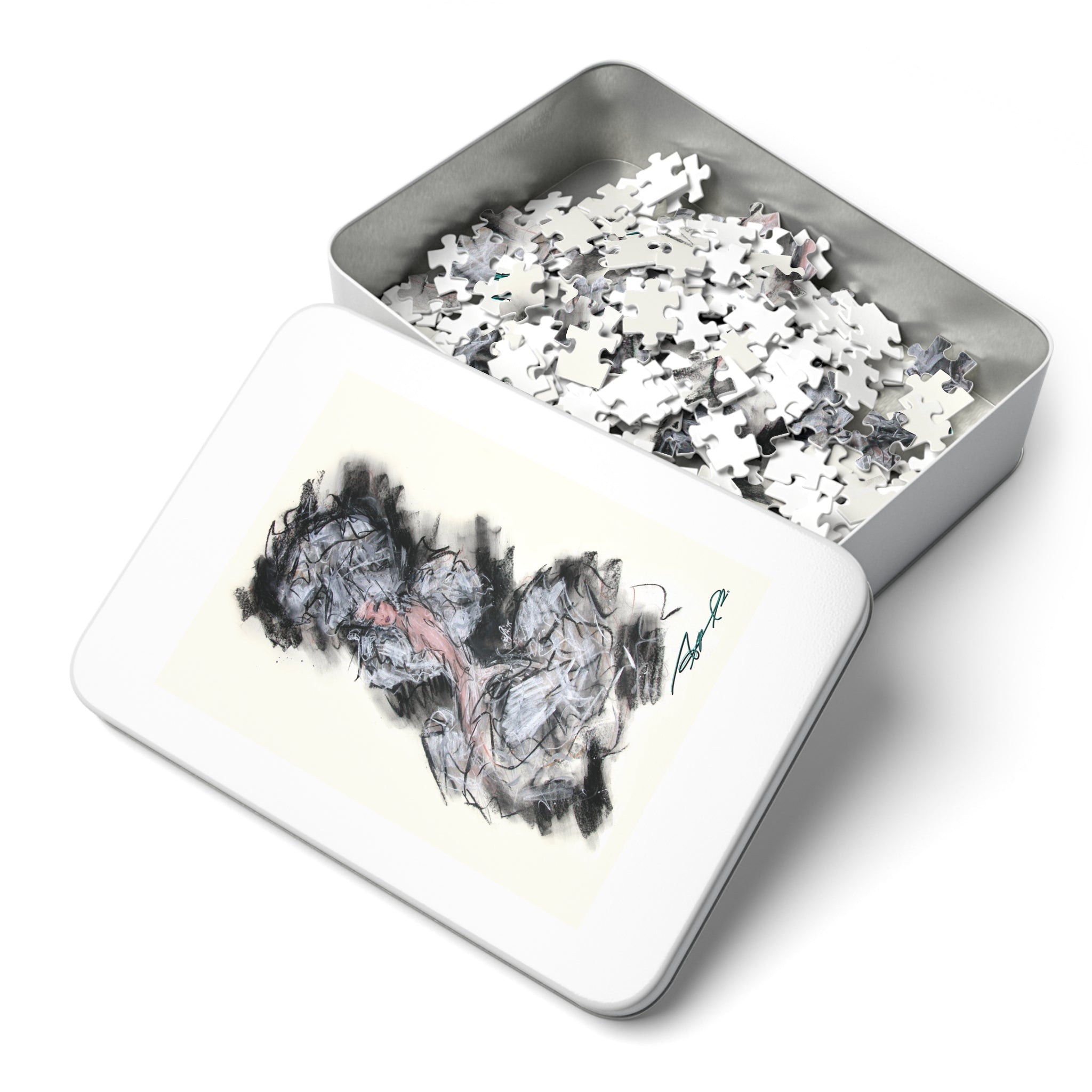 Abstract Charcoal Art Jigsaw Puzzle with Tin – Modern Black & Pink Sketch