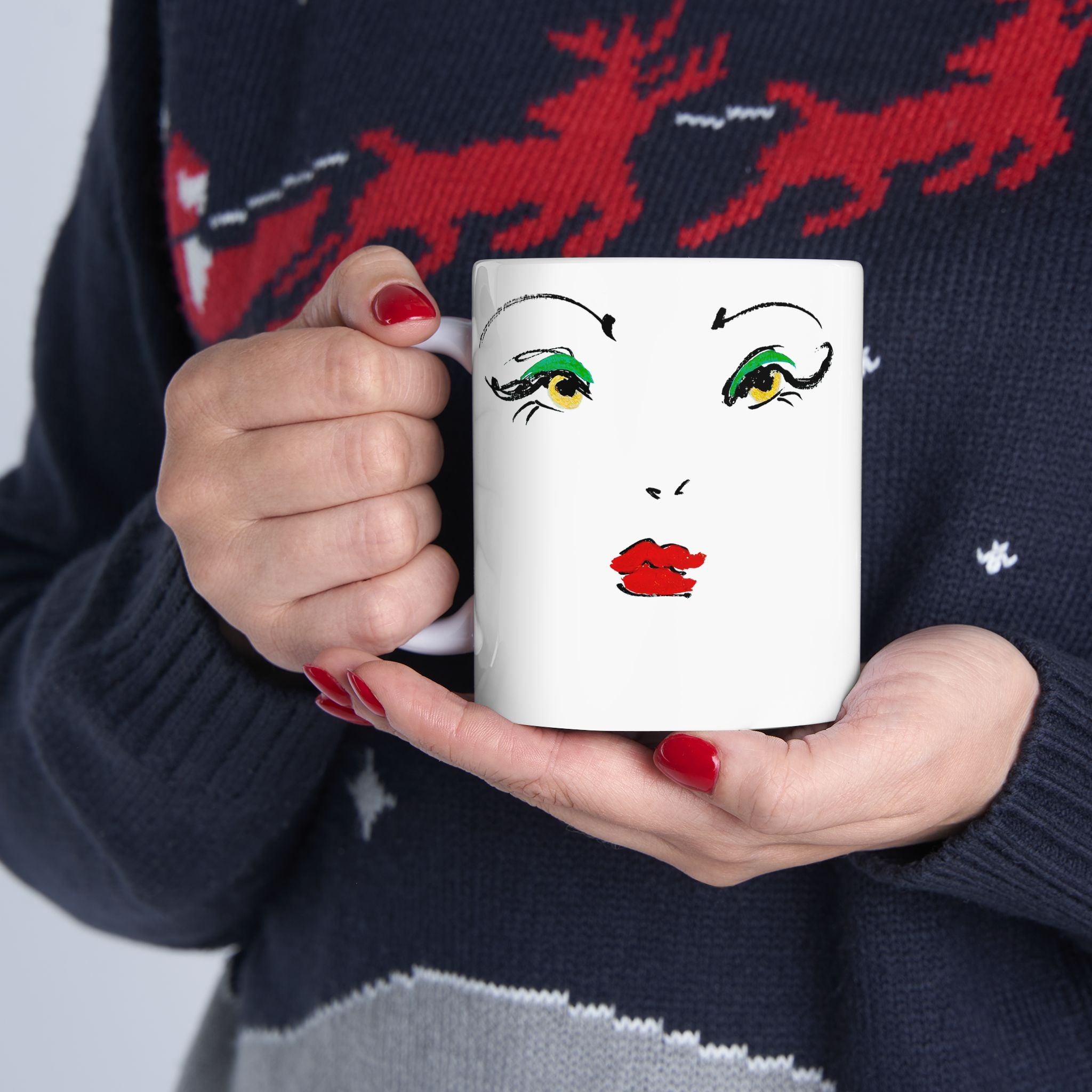 Eye & Lips Minimalist Ceramic Mug — Artistic Face Line Drawing Coffee Cup (11oz/15oz)