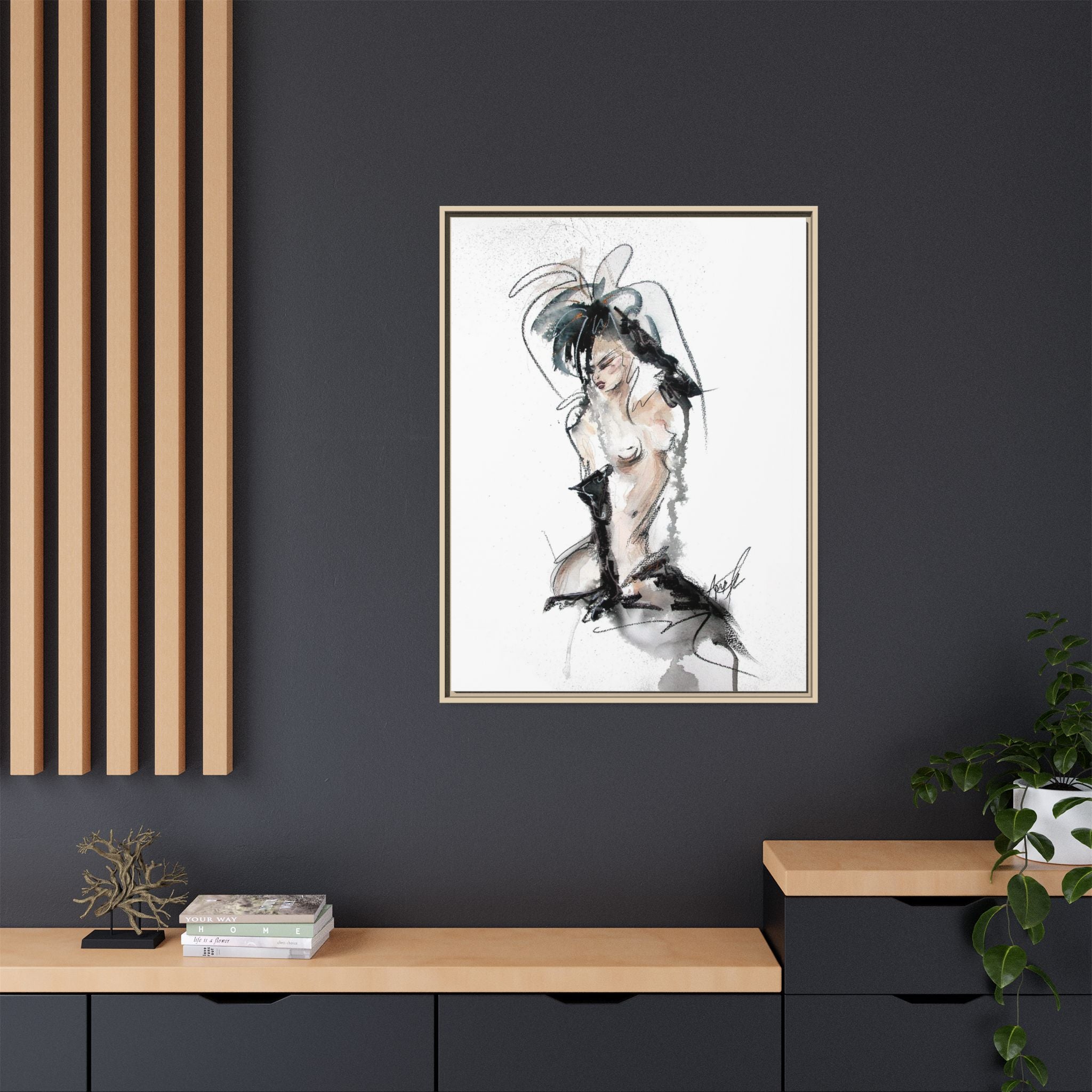 Woman in Black Gloves | Framed Nude Figure Sketch