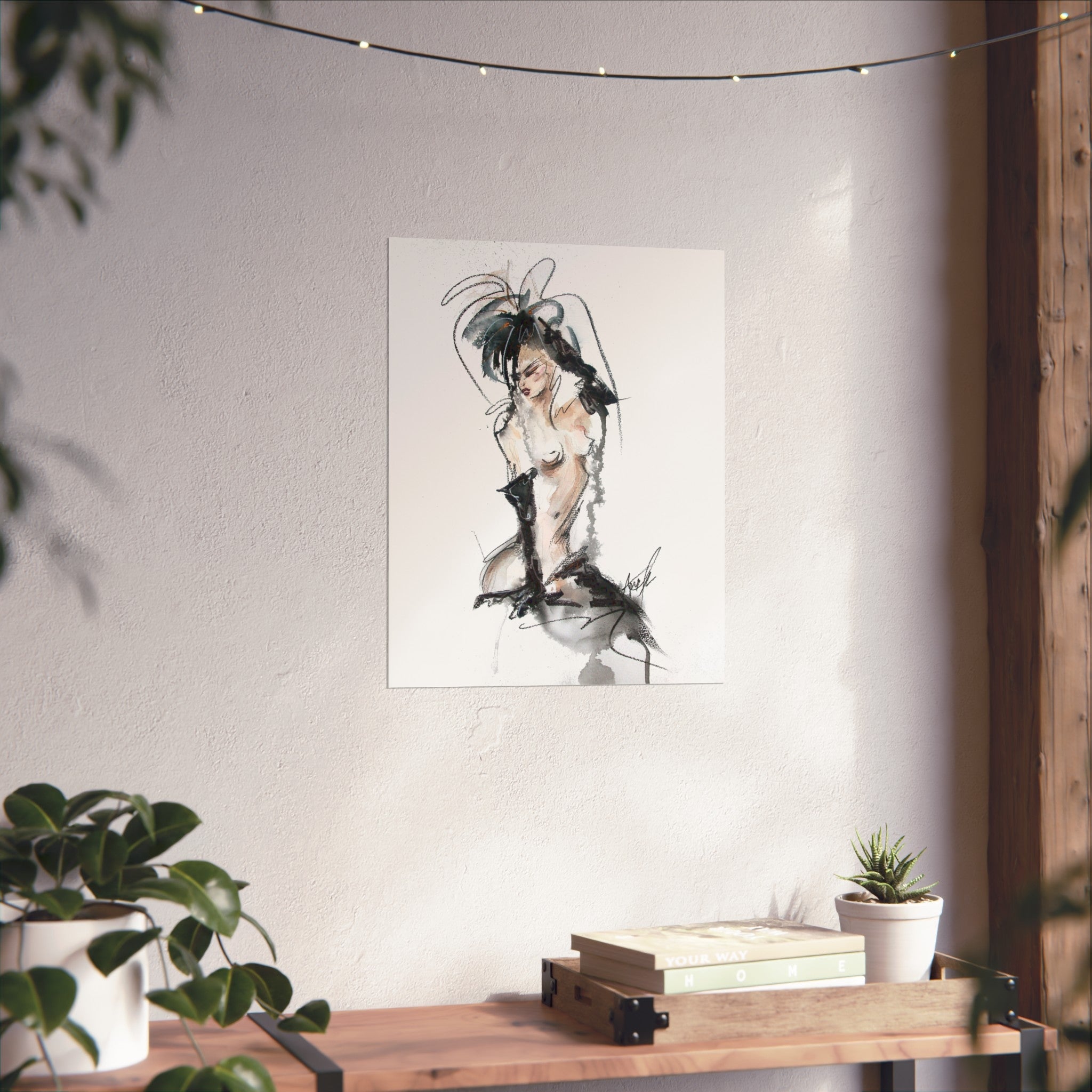 Figurative Fine Art Poster |  Watercolor Nude Fashion Sketch | Woman In Black Gloves