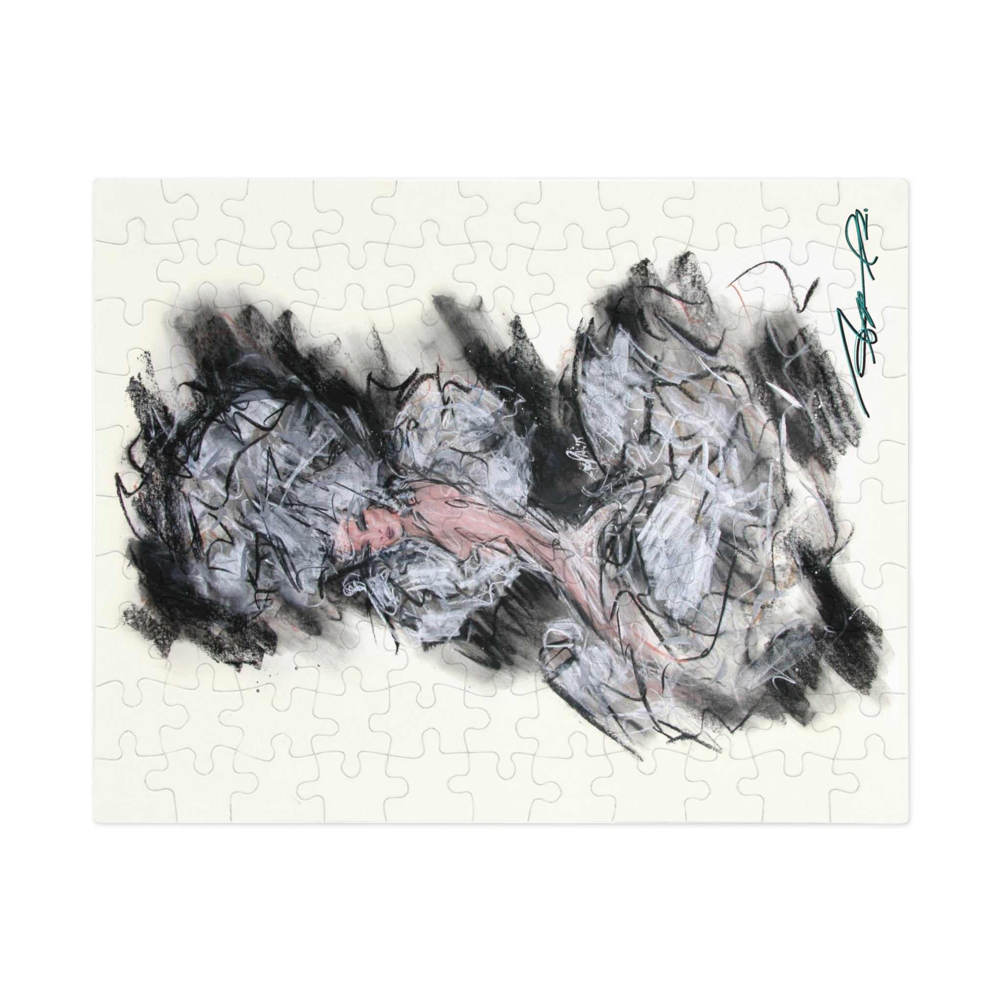 Abstract Charcoal Art Jigsaw Puzzle with Tin – Modern Black & Pink Sketch