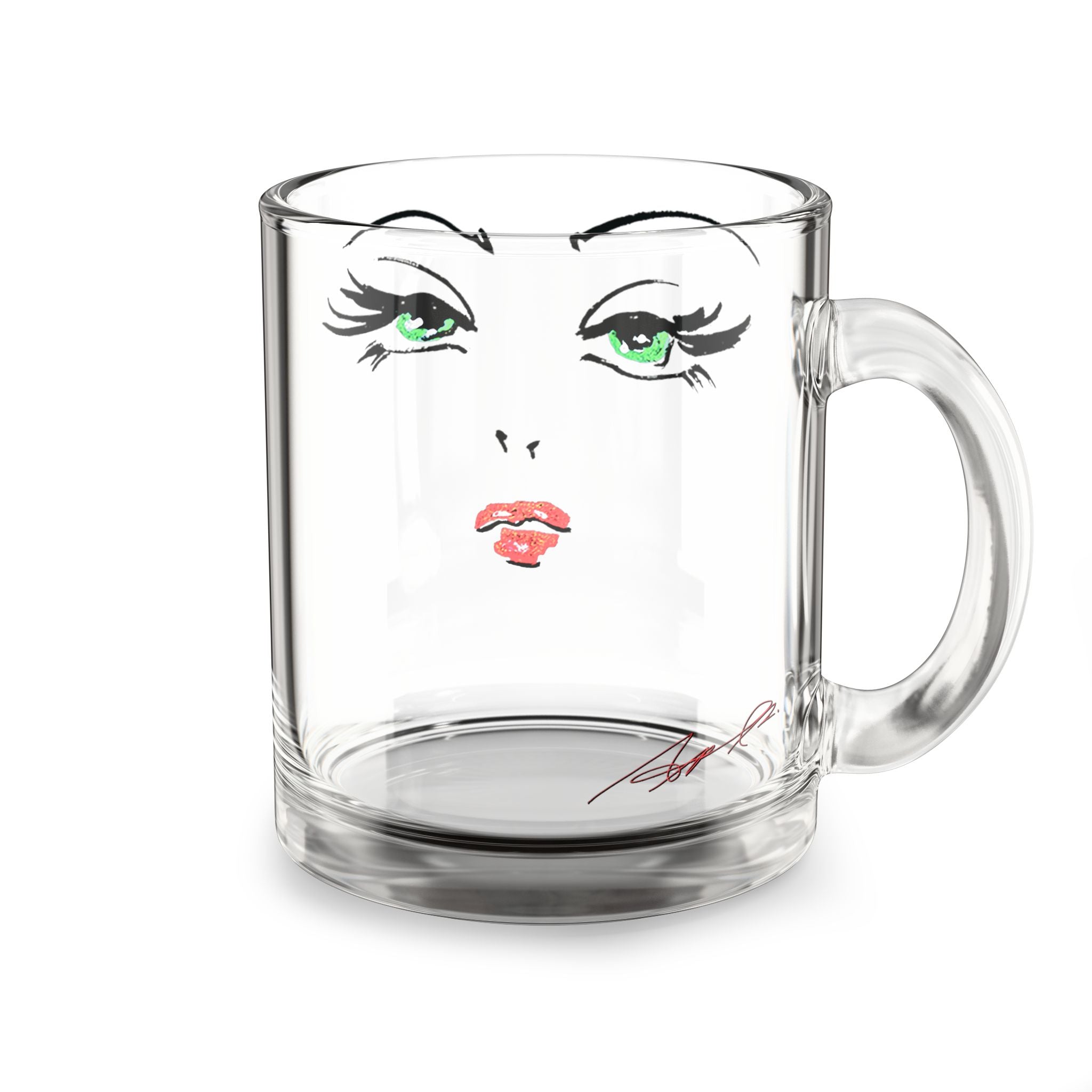 Green-Eyed Glam Face Glass Mug | 10oz Clear Coffee Tea Cup