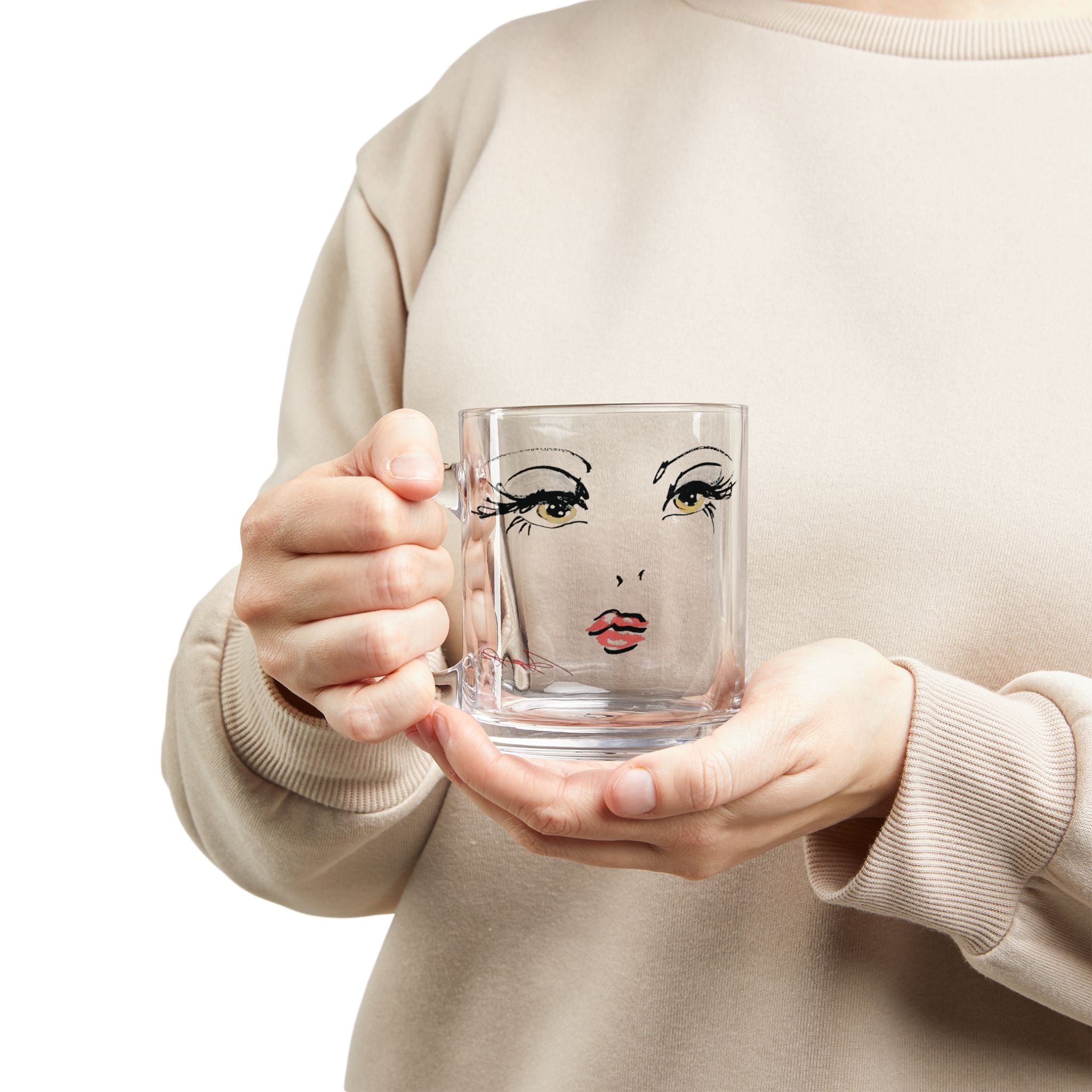 Stylized Makeup Face Glass Mug | 10oz Clear Coffee Cup