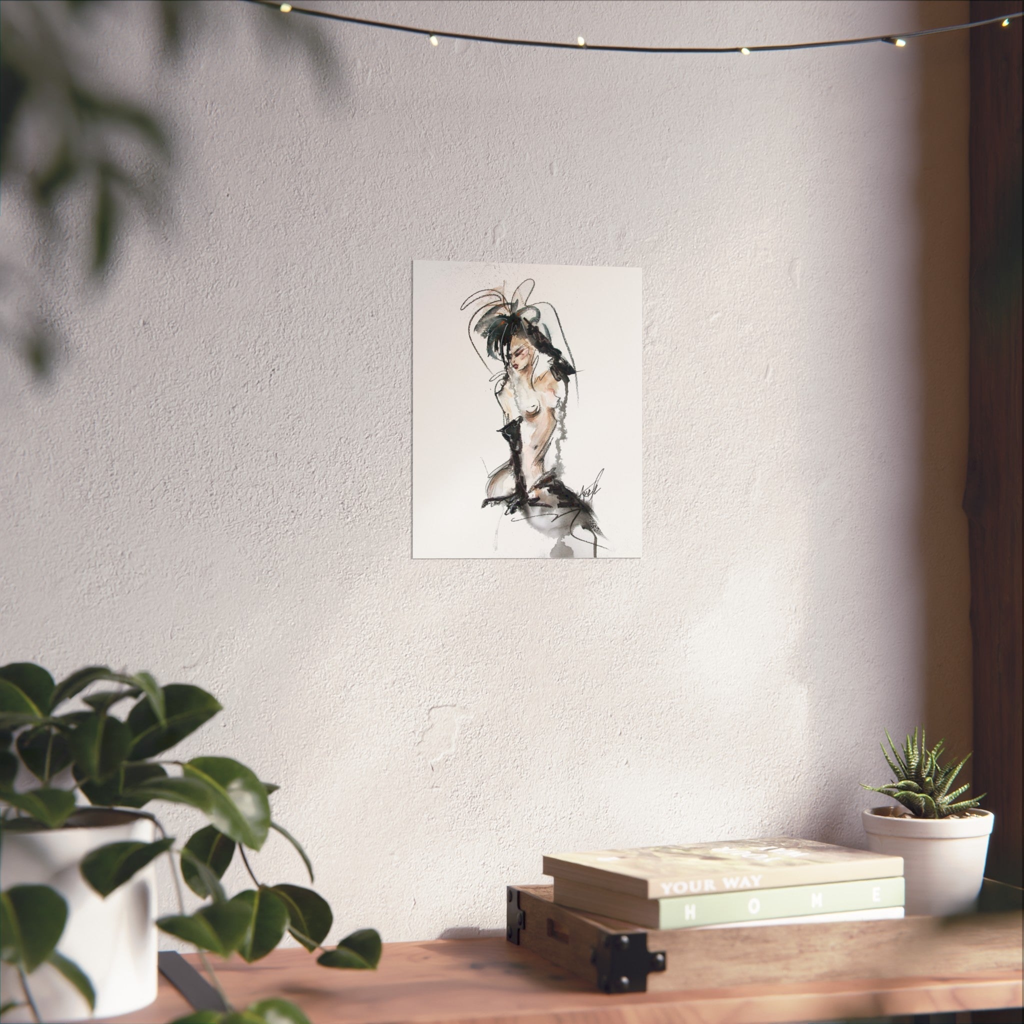 Figurative Fine Art Poster |  Watercolor Nude Fashion Sketch | Woman In Black Gloves