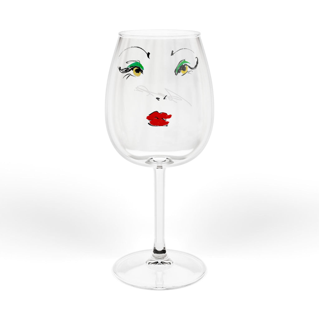 12oz Wine Glass with Glam Face Art – Red Lip & Green Eye Makeup Design