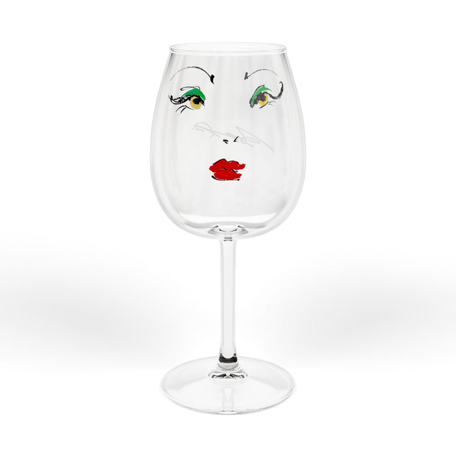 12oz Wine Glass with Glam Face Art – Red Lip & Green Eye Makeup Design