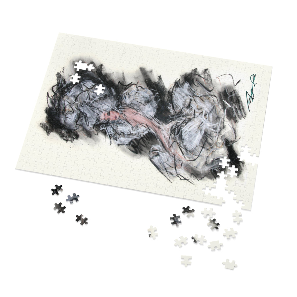 Abstract Charcoal Art Jigsaw Puzzle with Tin – Modern Black & Pink Sketch