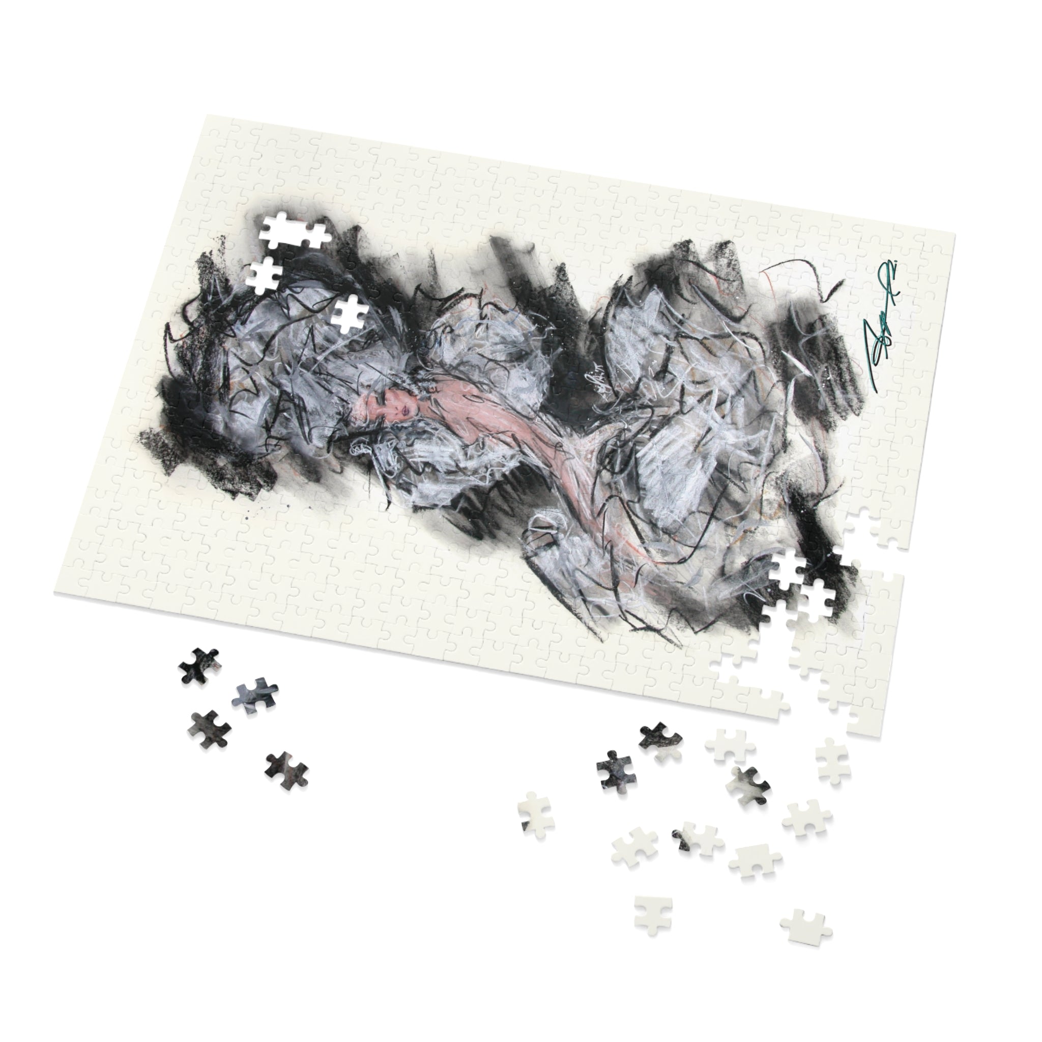 Abstract Charcoal Art Jigsaw Puzzle with Tin – Modern Black & Pink Sketch